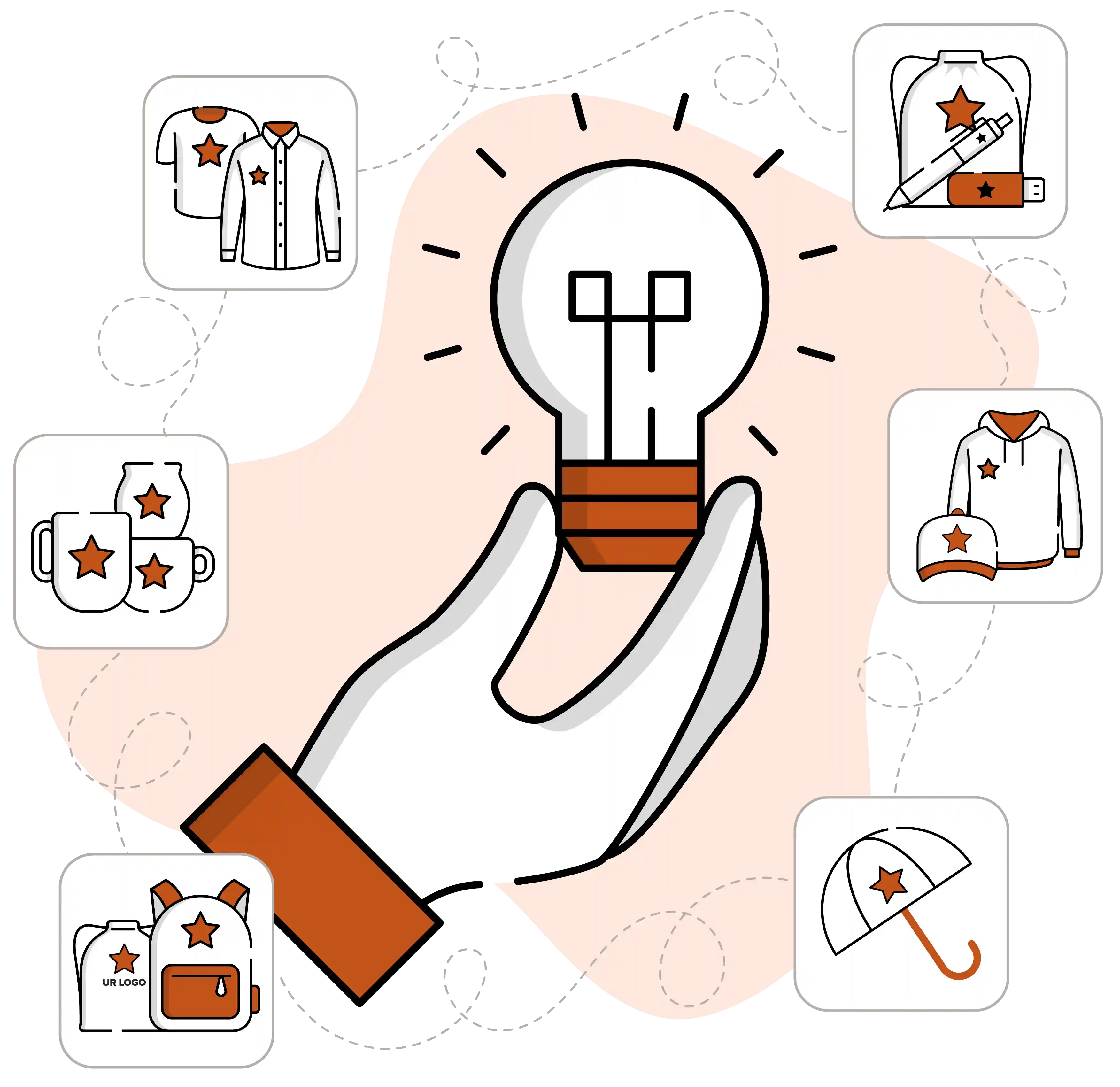 Illustration of a curated virtual kit of branded merchandise ideas