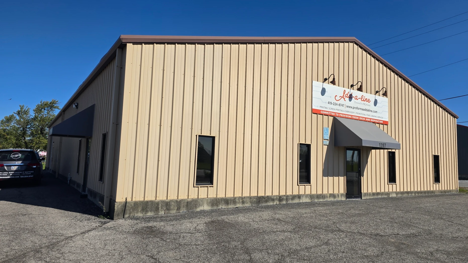 The Proforma Add-a-line building at 1207 Findlay Road in Lima, Ohio, with the Add-a-line sign above the front door