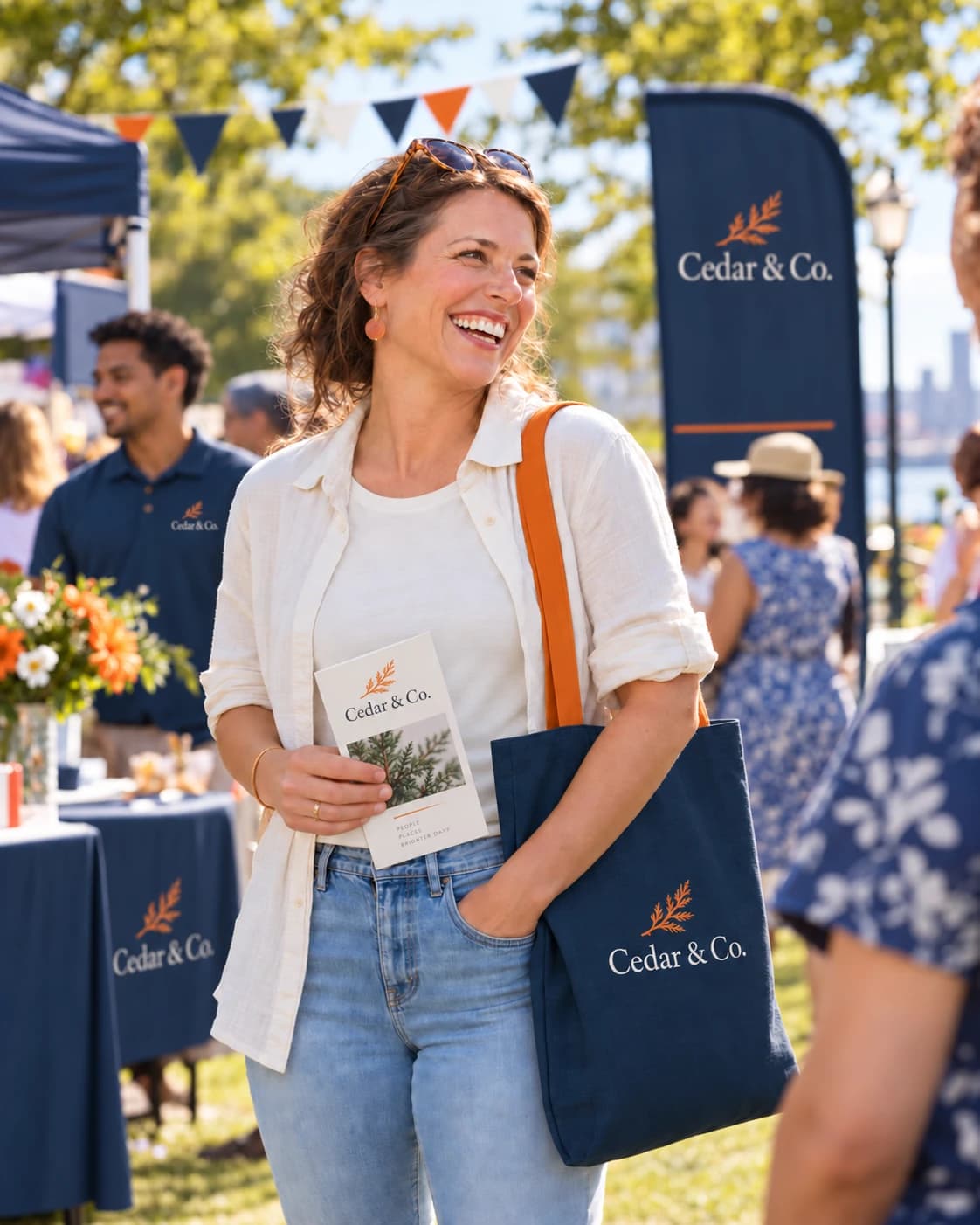 Cinematic lifestyle artwork of an event organizer laughing at a sunny outdoor event, with a navy tote, a printed program, a booth banner, and staff polos all carrying the same sample branding