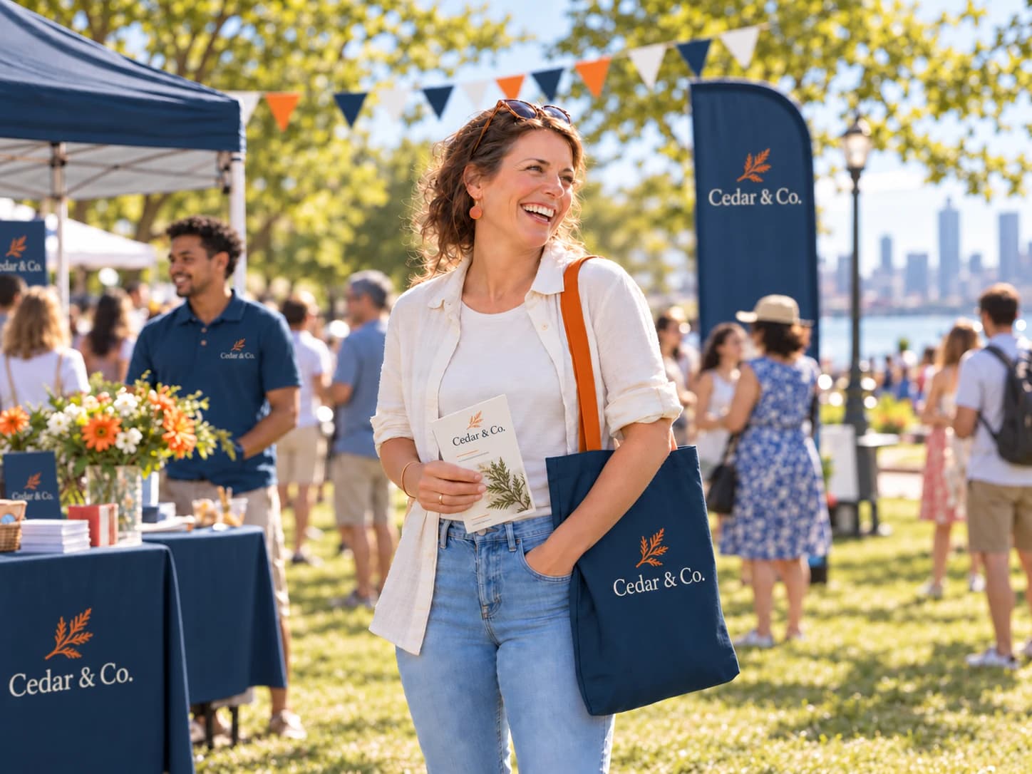 Cinematic lifestyle artwork of an event organizer laughing at a sunny outdoor event, with a navy tote, a printed program, a booth banner, and staff polos all carrying the same sample branding