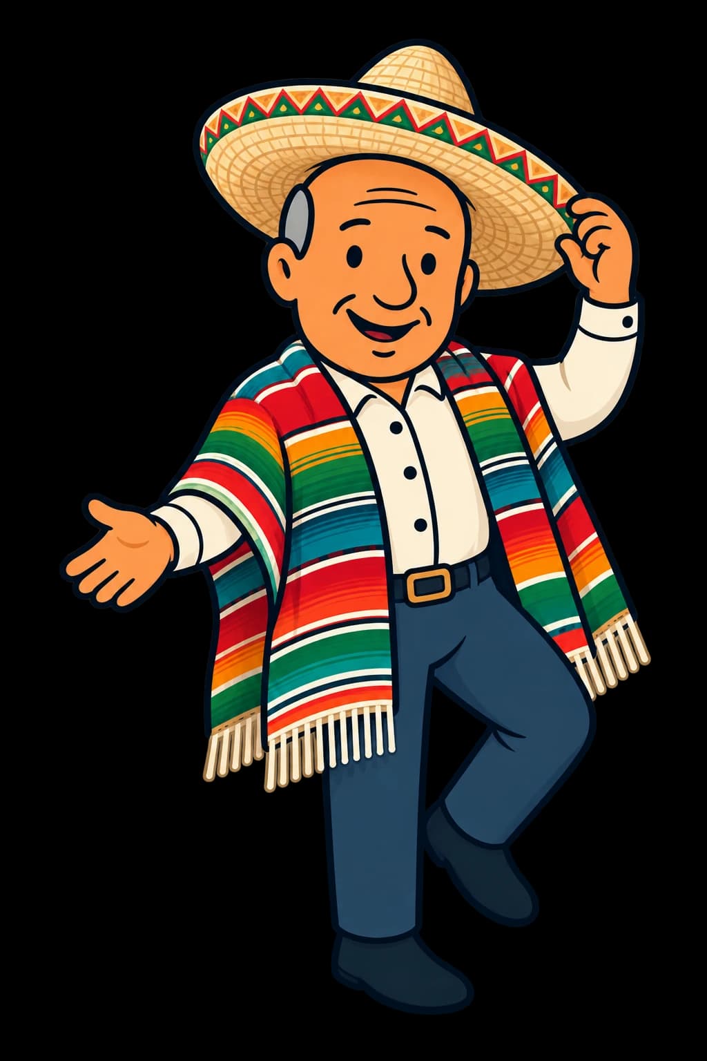 Illustrated Bob in a straw sombrero and colorful striped serape, touching his hat brim and extending his other hand