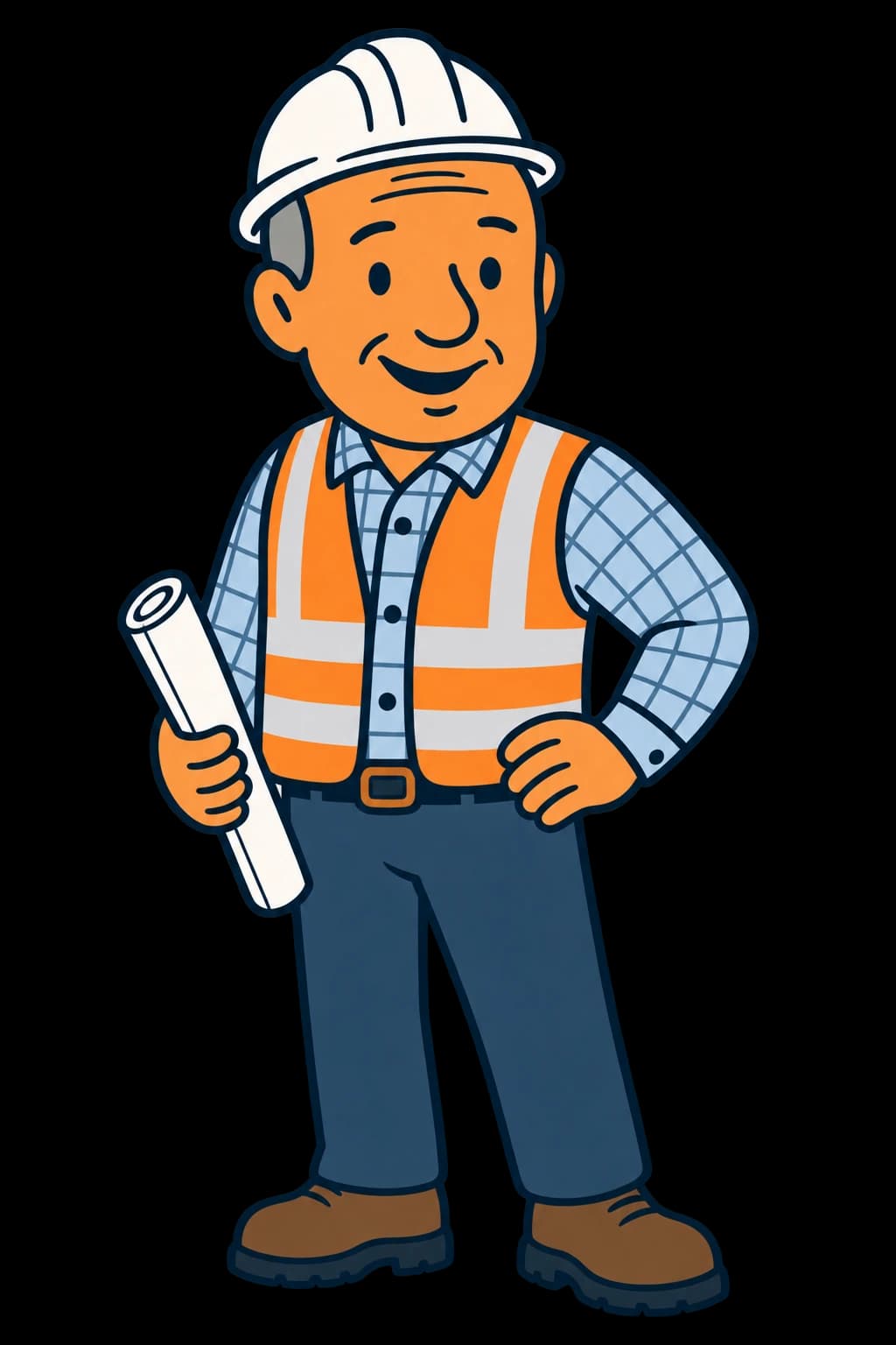 Illustrated Bob in a white hard hat, orange safety vest and work boots, holding a rolled plan