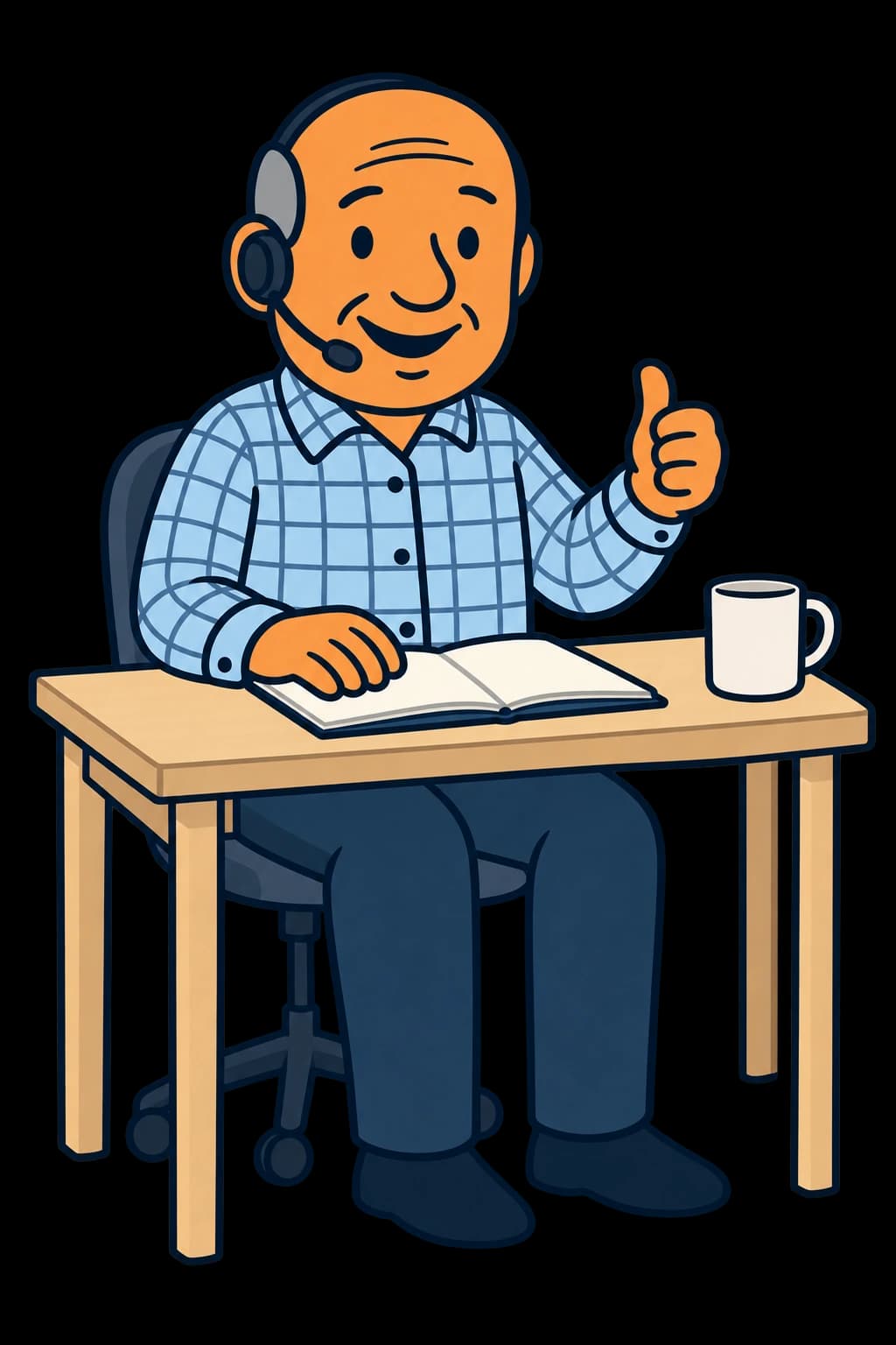 Illustrated Bob wearing a headset at a desk with a notebook and coffee mug