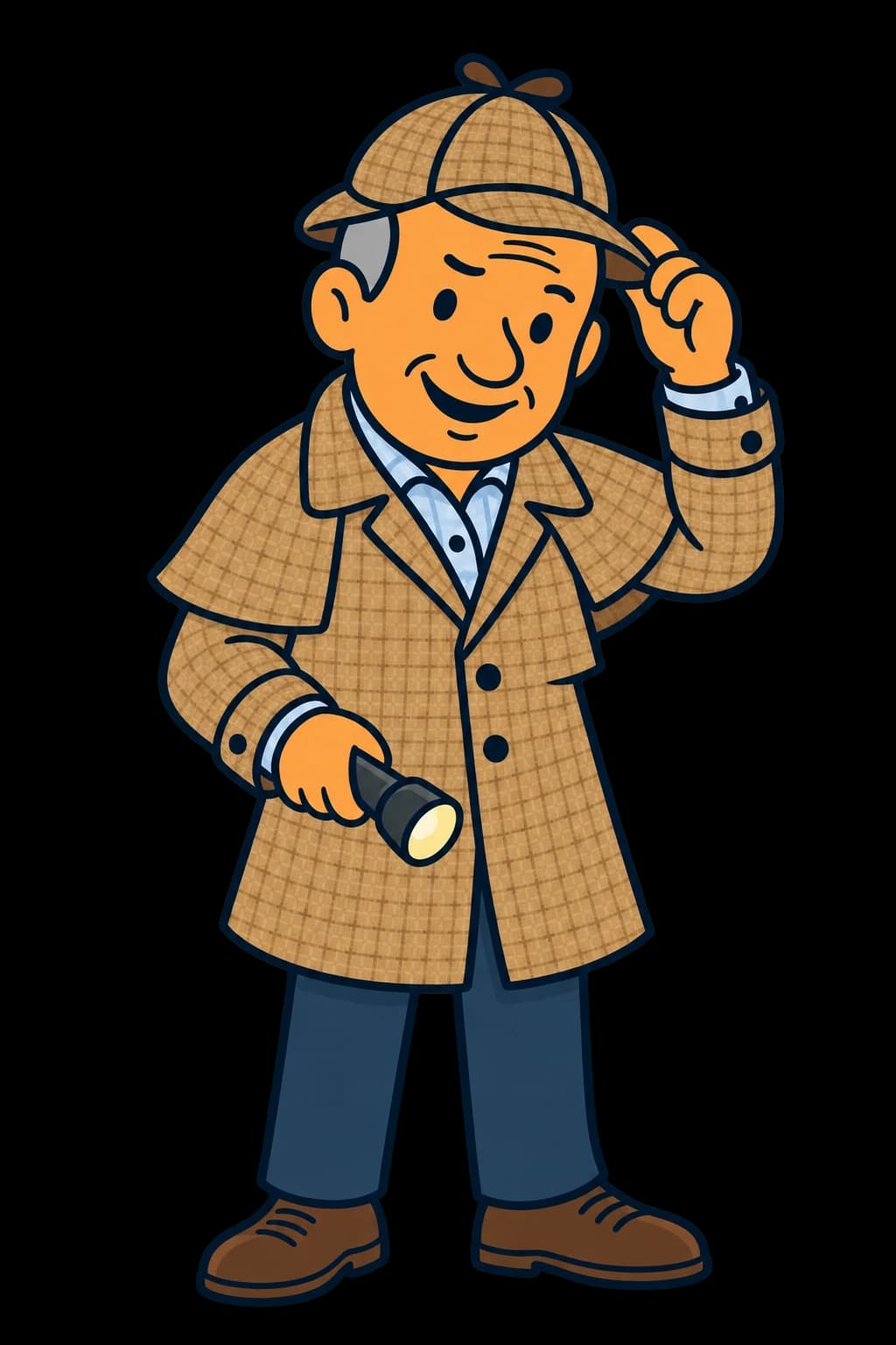 Illustrated Detective Bob in a tan tweed coat and deerstalker hat, touching his hat brim and holding a small flashlight