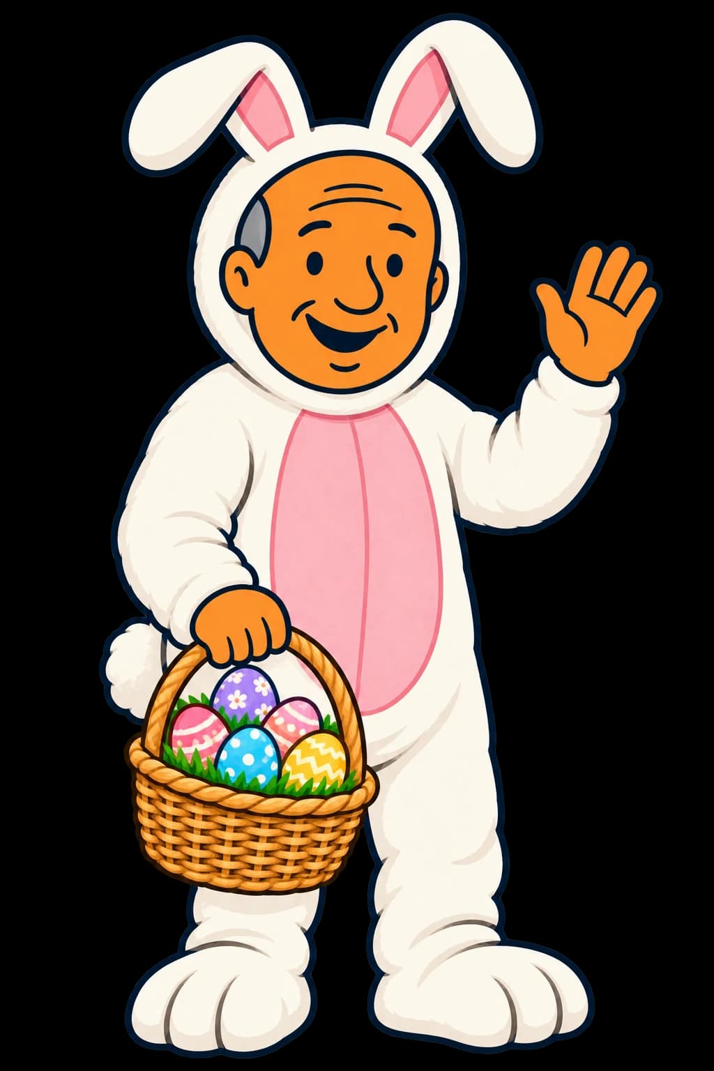 Illustrated Bob in a white bunny suit with pink belly and floppy ears, waving and holding a basket of decorated eggs