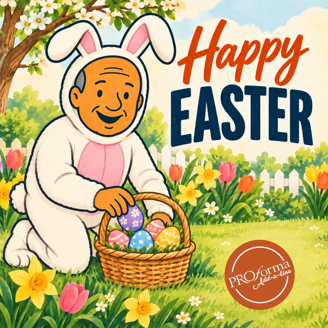 Illustrated Bob in a white Easter bunny suit, with his own face visible, holding a basket of decorated eggs
