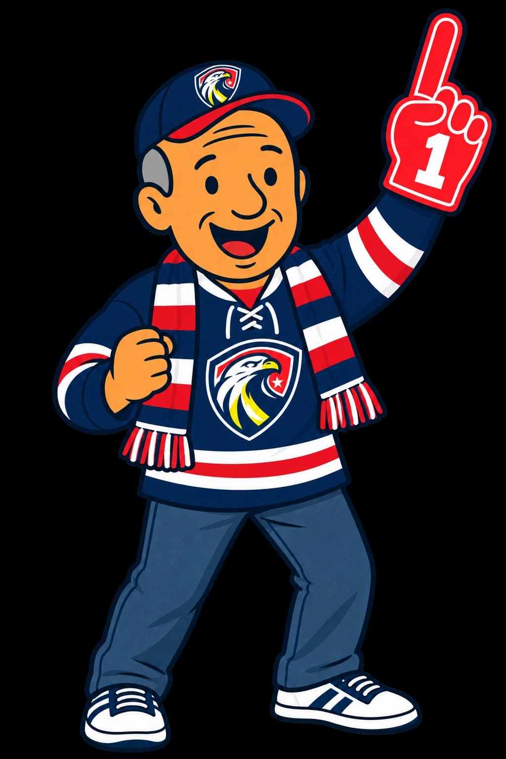 Illustrated Bob cheering in a Findlay Force hockey sweater, cap and scarf, wearing jeans and sneakers and raising a red number-one foam finger