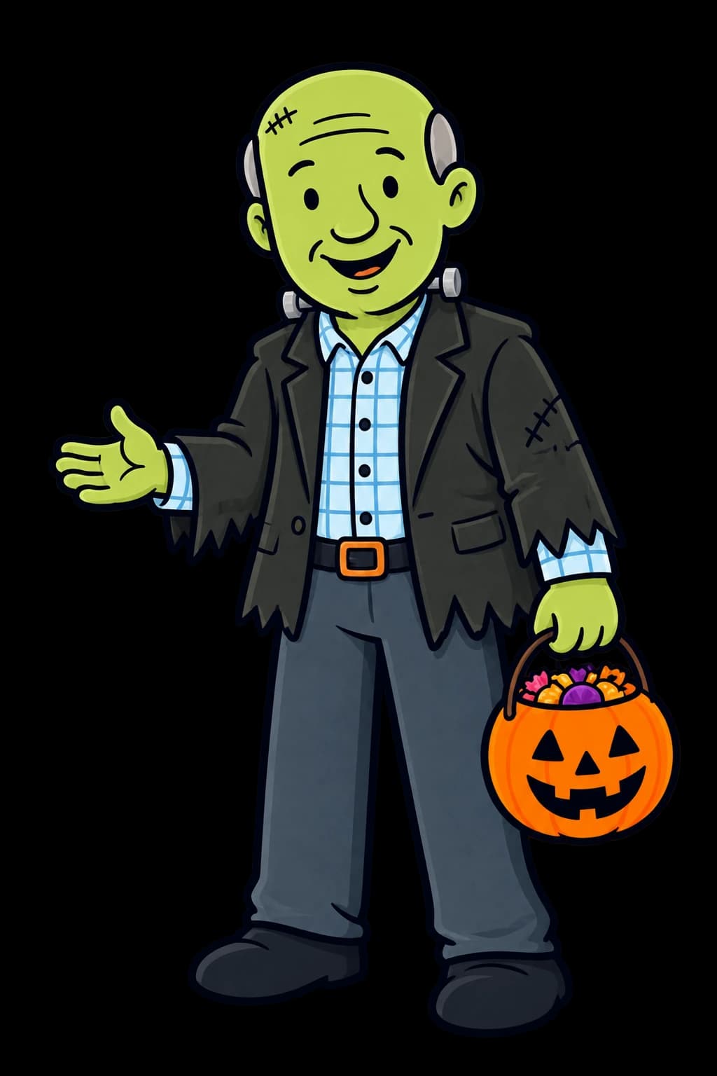 Illustrated Bob in friendly green Frankenstein makeup, neck bolts and a ragged blazer, holding a pumpkin candy bucket