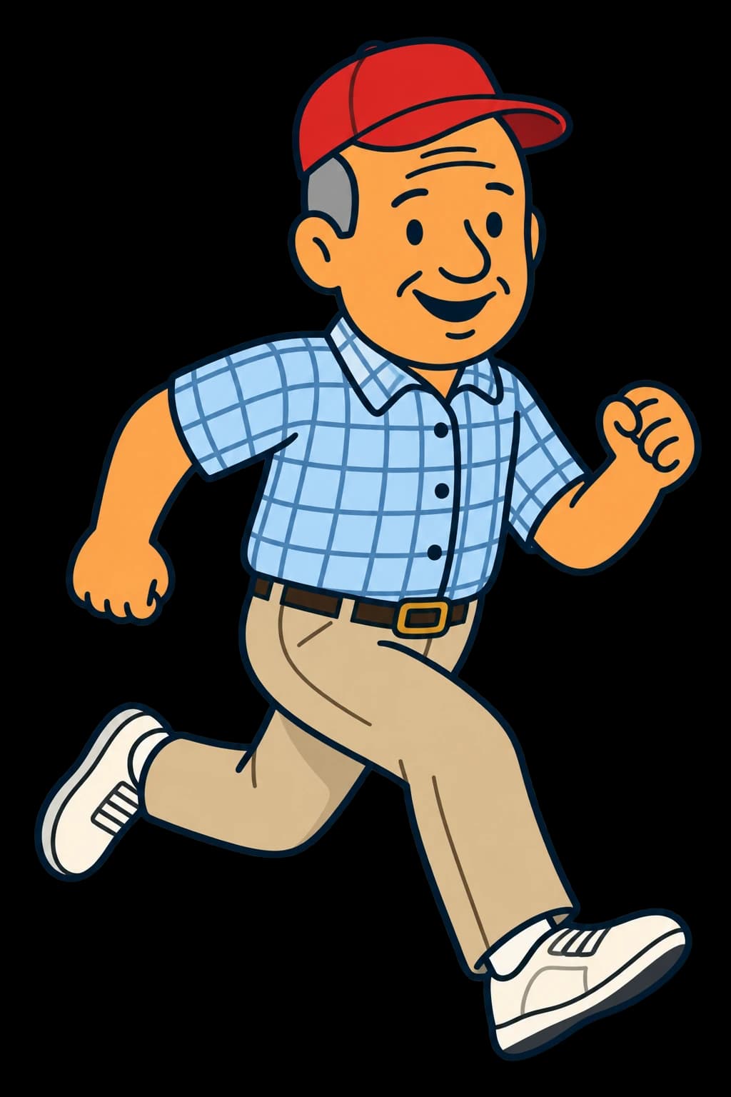 Illustrated Bob Gump in tan pants and a red cap, mid-stride