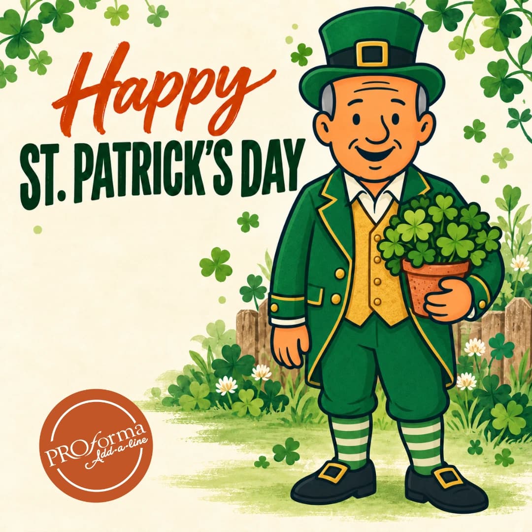 Illustrated Bob in a green leprechaun coat and top hat, striped socks and buckled shoes, holding shamrocks