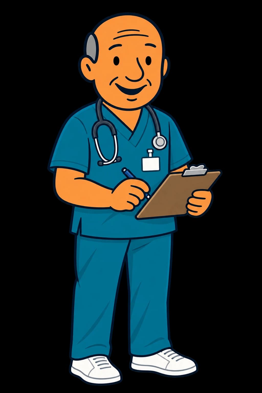 Illustrated Bob standing in teal scrubs and white sneakers with a stethoscope, clipboard and pen