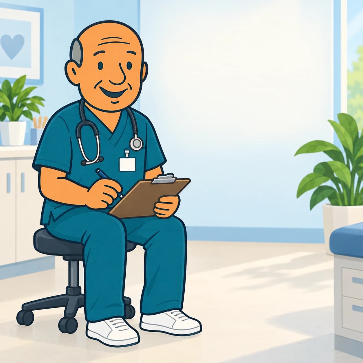 Illustrated Bob in teal scrubs with a stethoscope, seated on a stool holding a clipboard