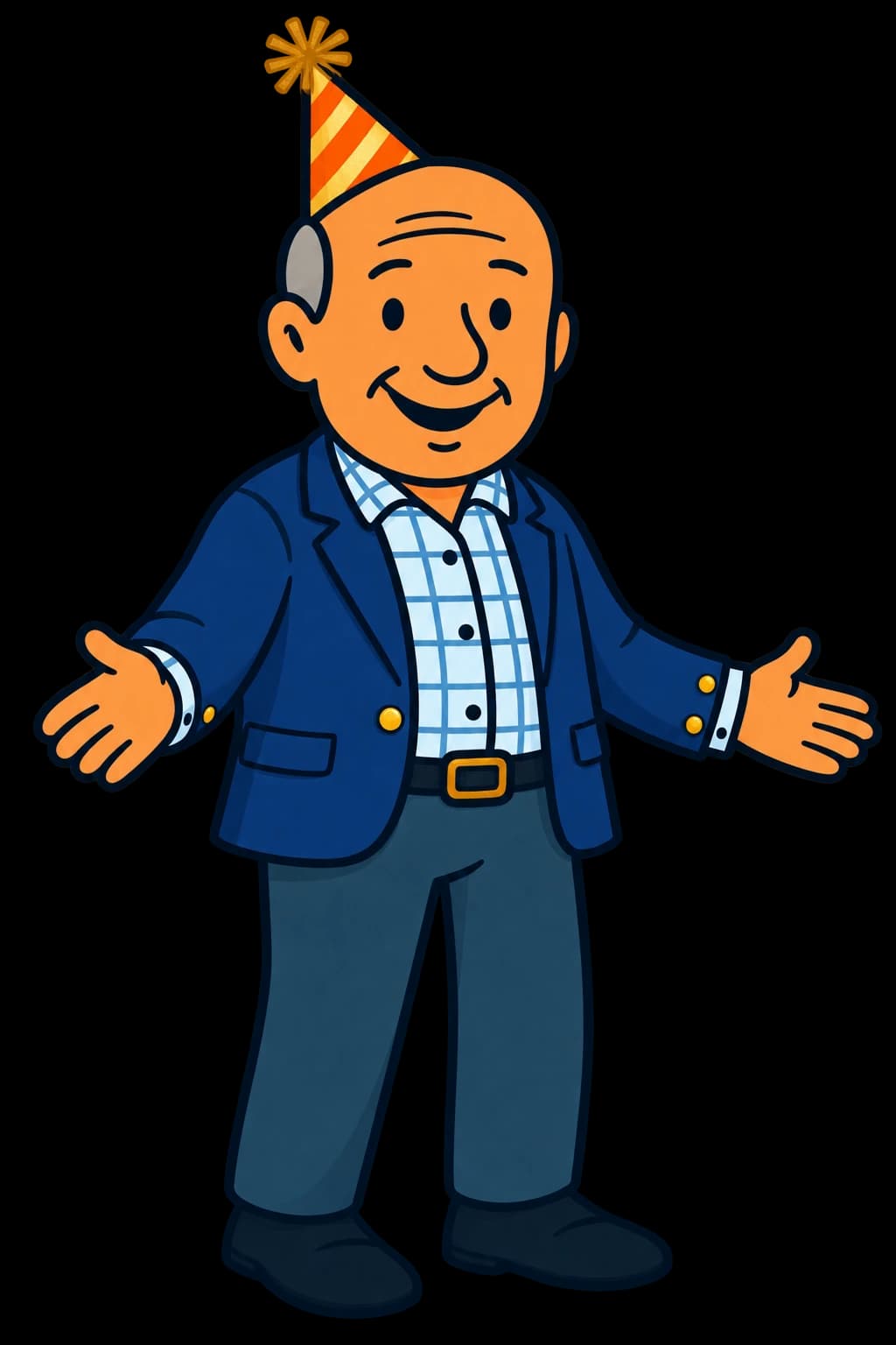 Illustrated Bob in a navy blazer and striped orange party hat, welcoming the viewer with both hands