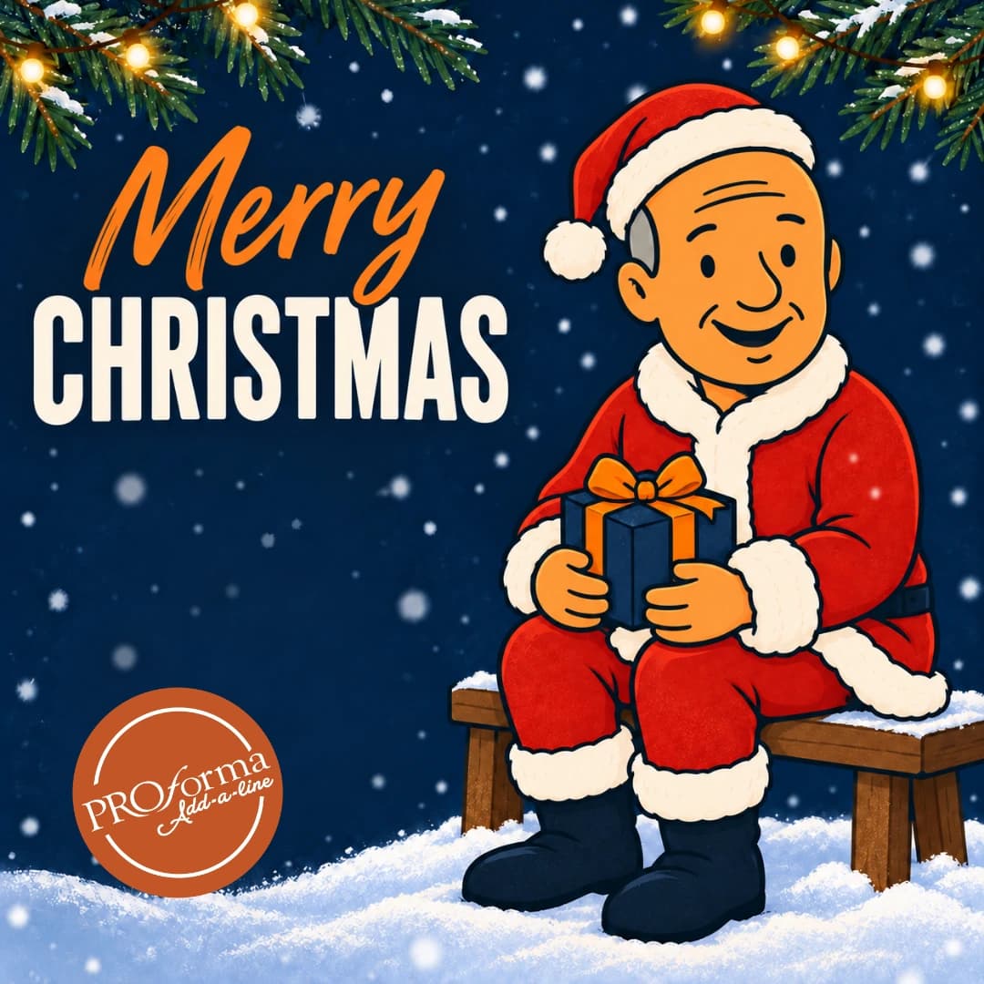 Illustrated Bob dressed as Santa, sitting on a snowy bench and holding a navy gift with an orange bow