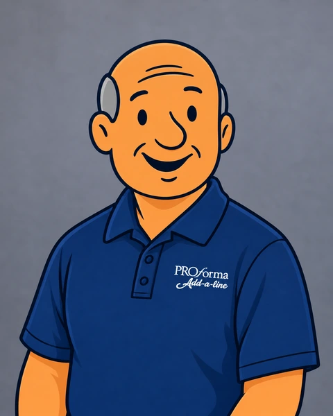 Bob's illustrated alter ego posing for a staff portrait in his navy Proforma Add-a-line polo