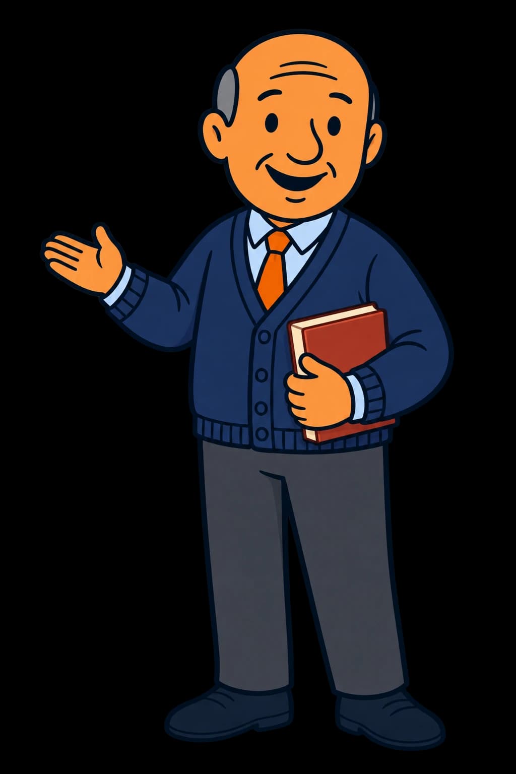 Illustrated Bob in a navy cardigan, light blue shirt, orange tie and gray trousers, holding a book and gesturing