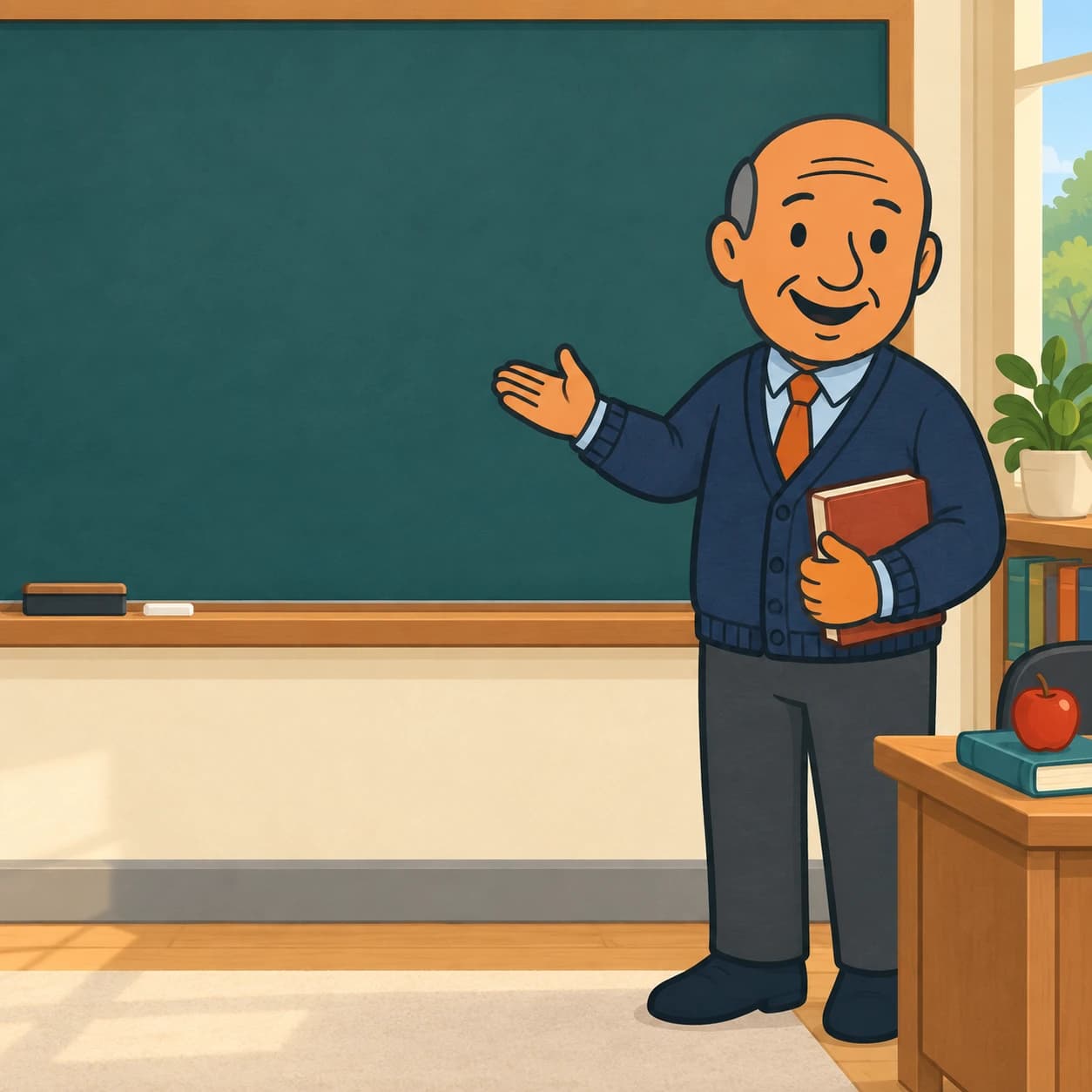 Illustrated Bob wearing a navy cardigan and orange tie, holding a book beside a classroom chalkboard