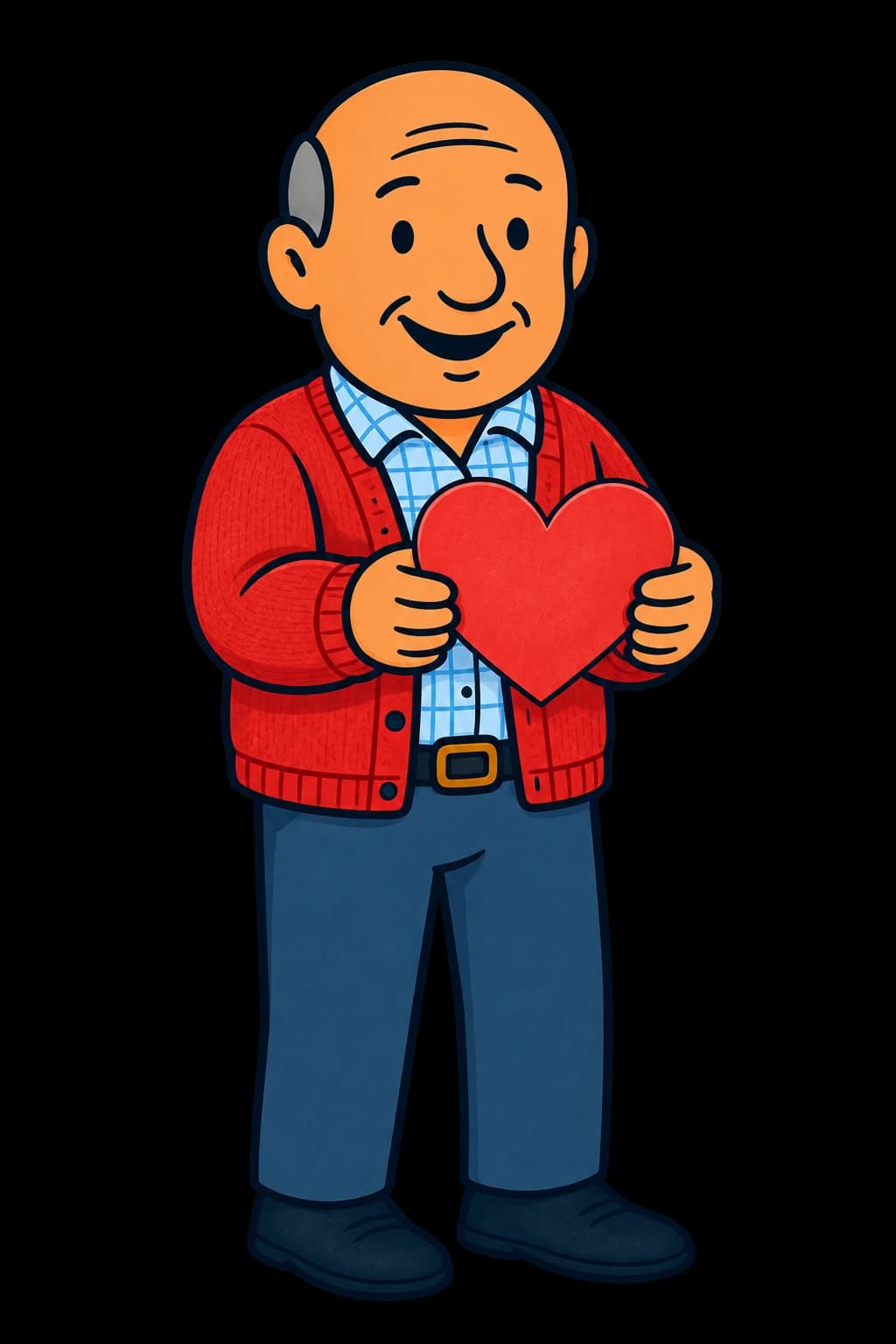 Illustrated Bob in a red cardigan and blue plaid shirt, holding a red heart-shaped card