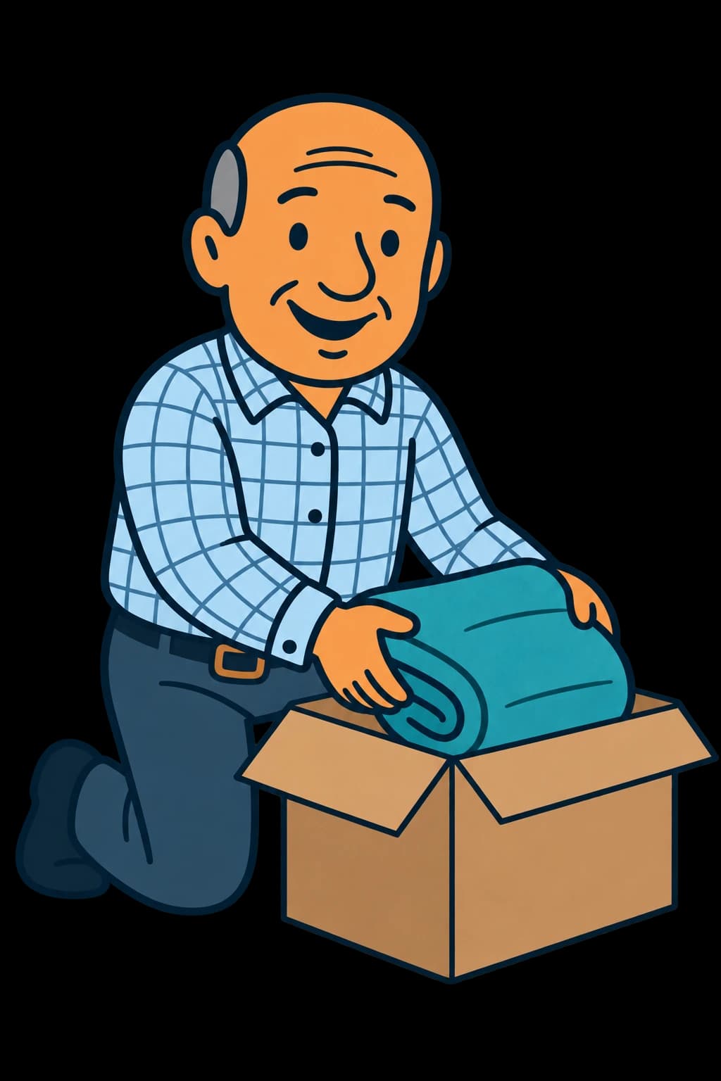 Illustrated Bob kneeling beside a cardboard box, packing a folded teal blanket