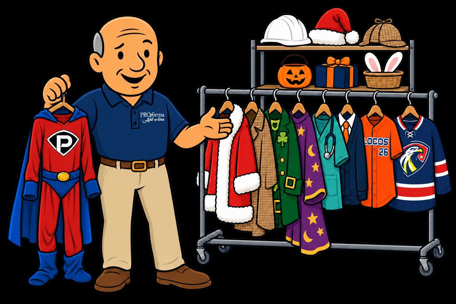 Illustrated Bob in a navy Proforma Add-a-line polo and khakis, holding a soft Super Bob costume on a hanger beside a full costume rack, baseball and hockey jerseys, and shelves of props