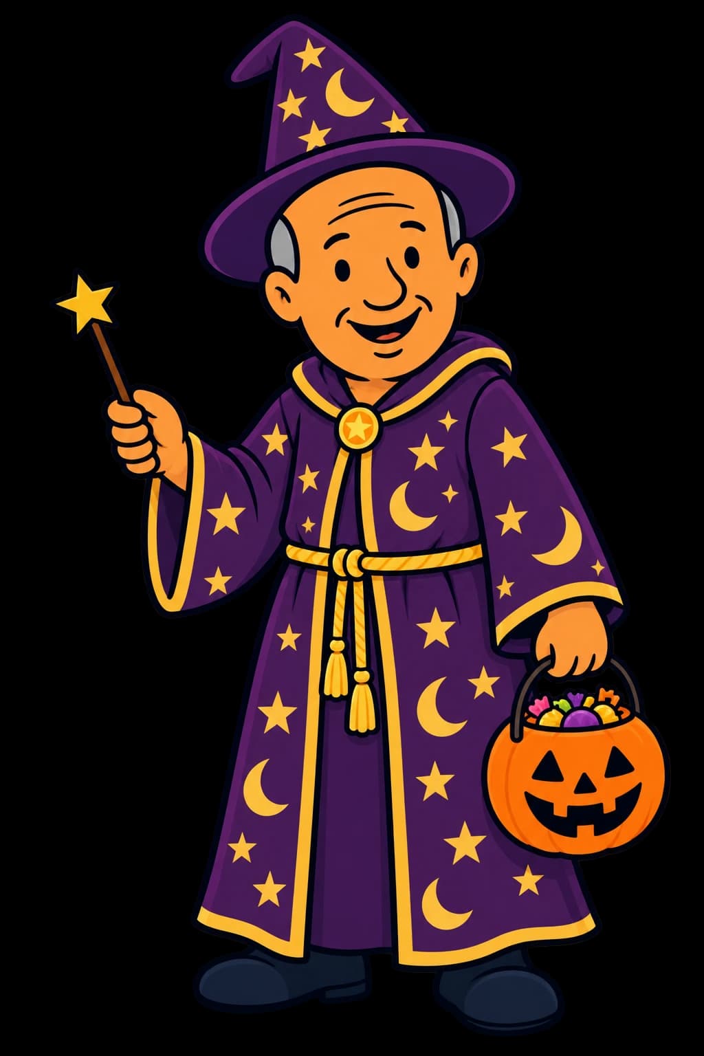 Illustrated Bob in a purple star-and-moon wizard robe and hat, holding a star-tipped wand and pumpkin candy bucket