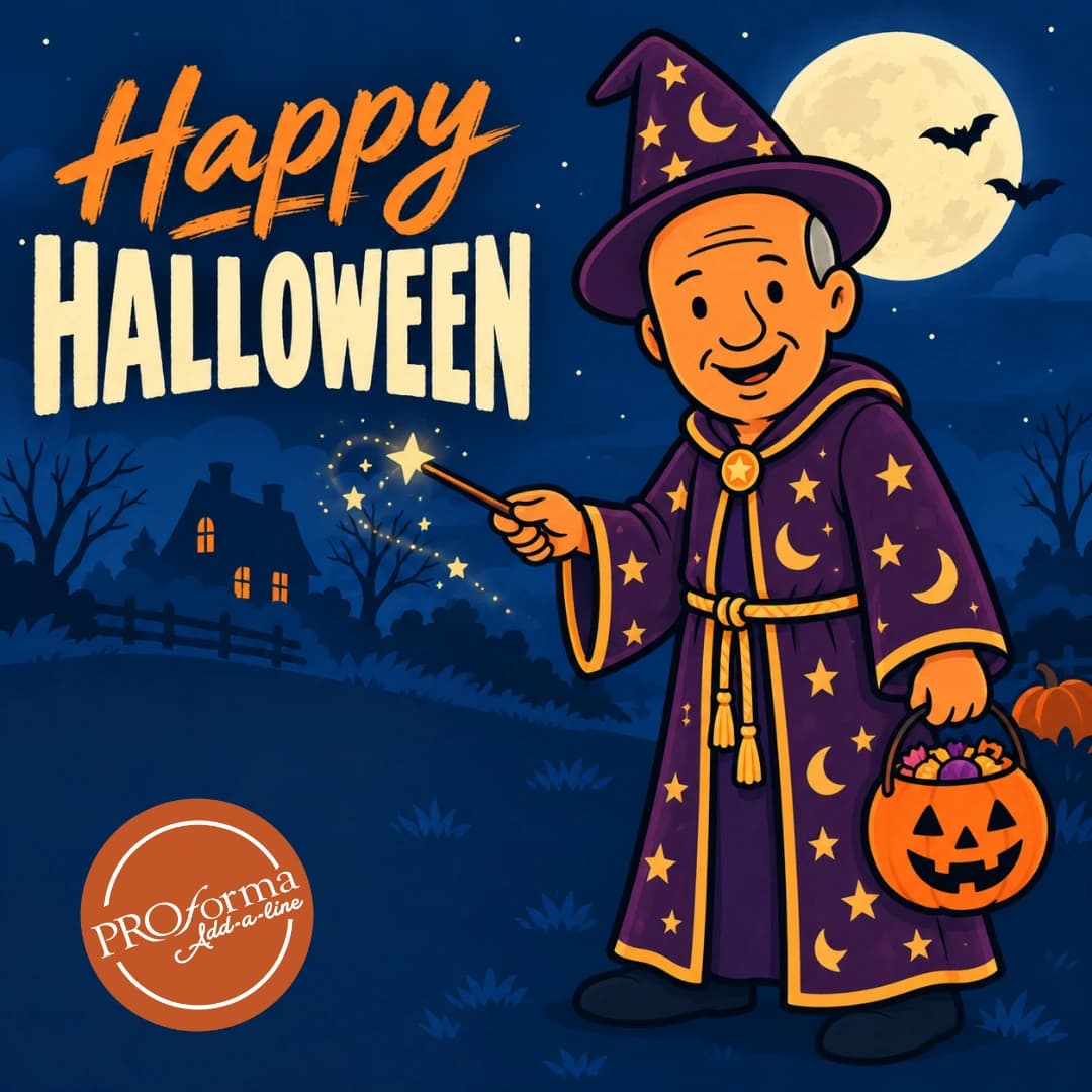 Illustrated Bob wearing a purple star-covered wizard costume, holding a wand and a pumpkin candy bucket