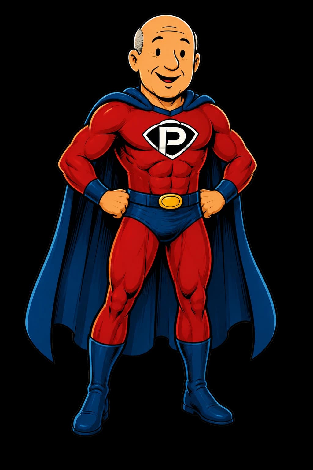 Illustrated Super Bob with hands on his hips, wearing a red superhero suit, blue cape and P chest emblem