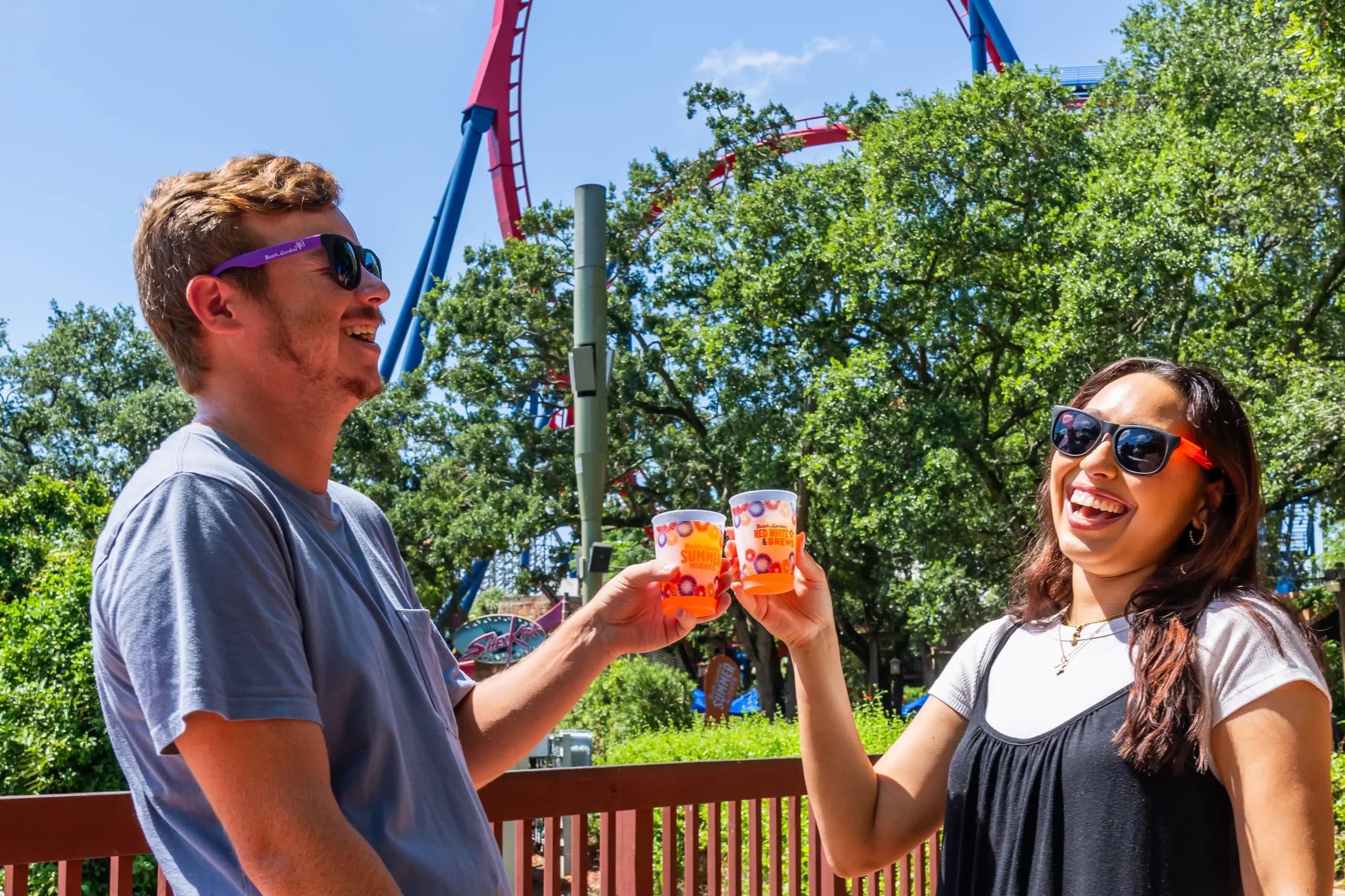 Two people in branded sunglasses toasting with Busch Gardens event cups at the park