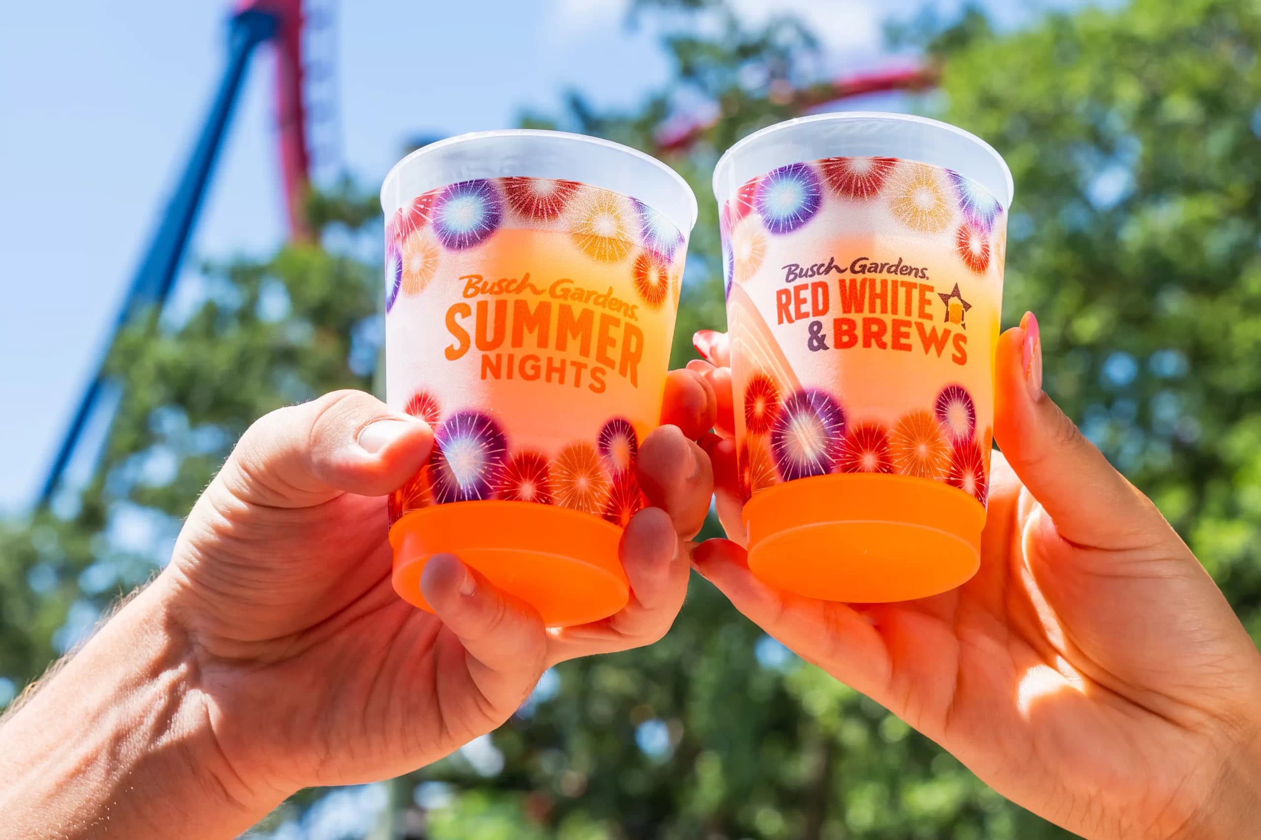 Branded Busch Gardens event cups being held up at the park