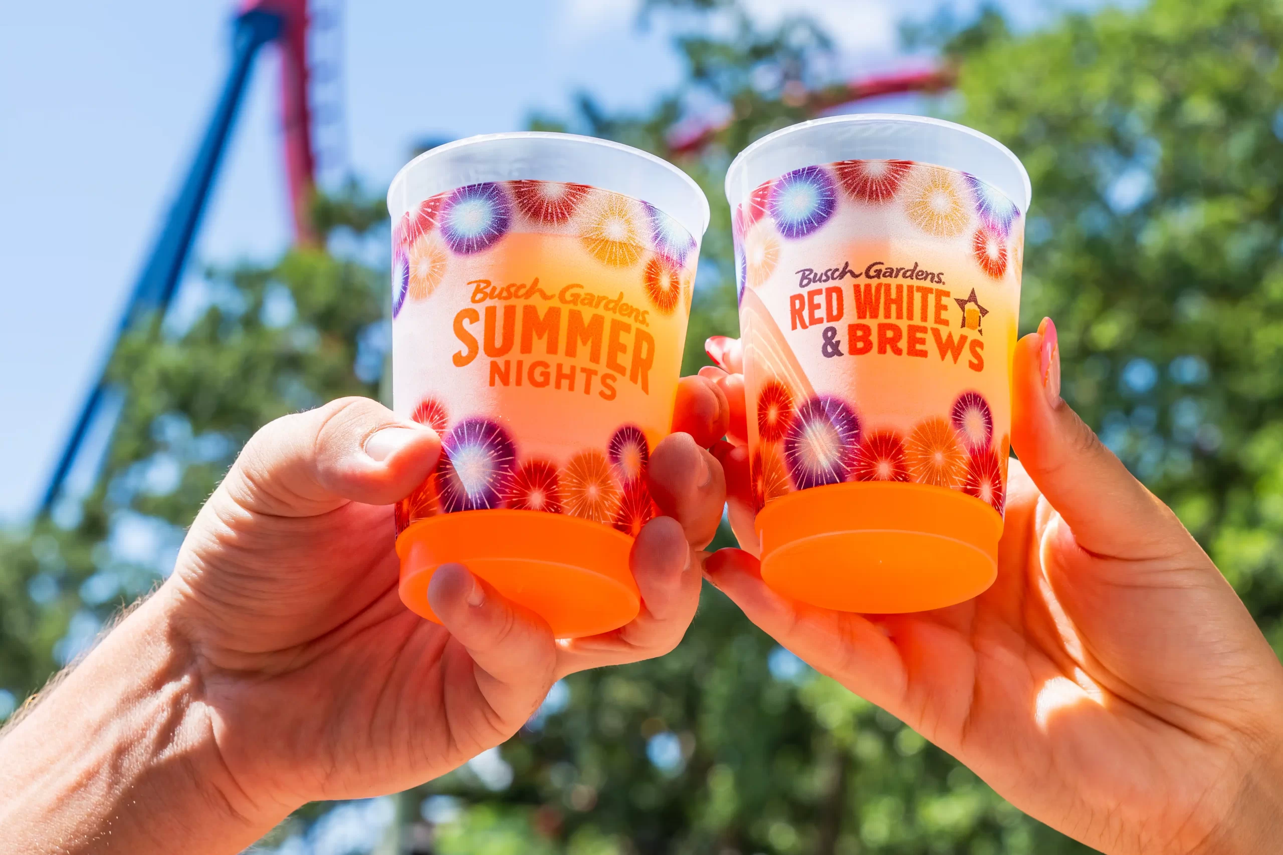 Two Busch Gardens event cups, one printed Summer Nights and one Red White & Brews, raised in a toast at the park with a roller coaster behind them