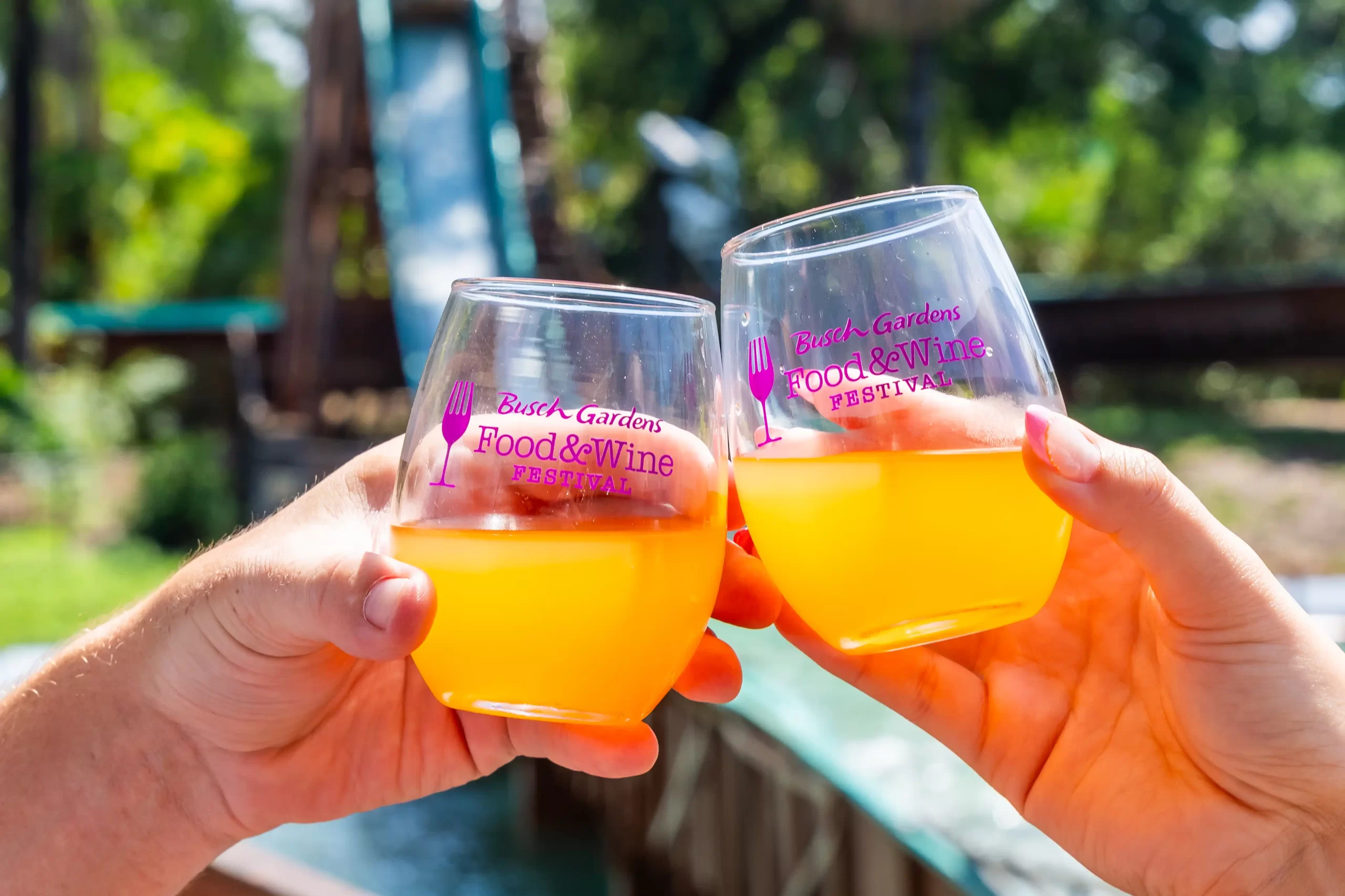 Two stemless wine glasses printed Busch Gardens Food & Wine Festival, raised in a toast