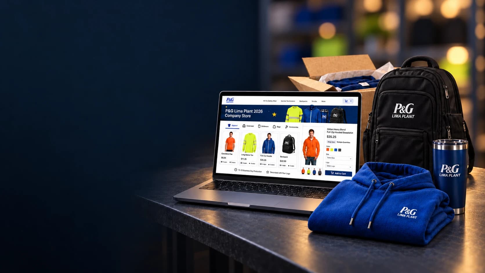 Cinematic artwork of a laptop showing the P&G Lima Plant company store beside branded apparel, a backpack, a tumbler, and an order being packed