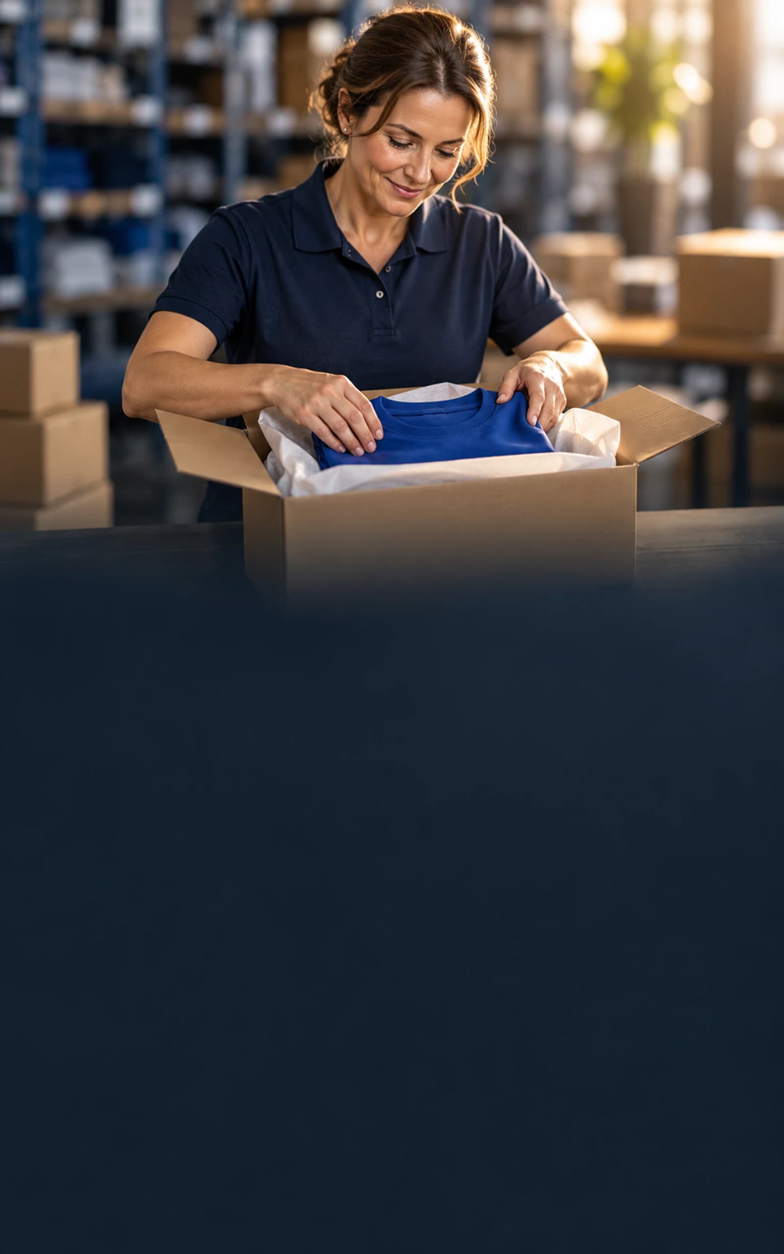 Cinematic lifestyle artwork of a fulfillment team member carefully packing apparel into a shipping box