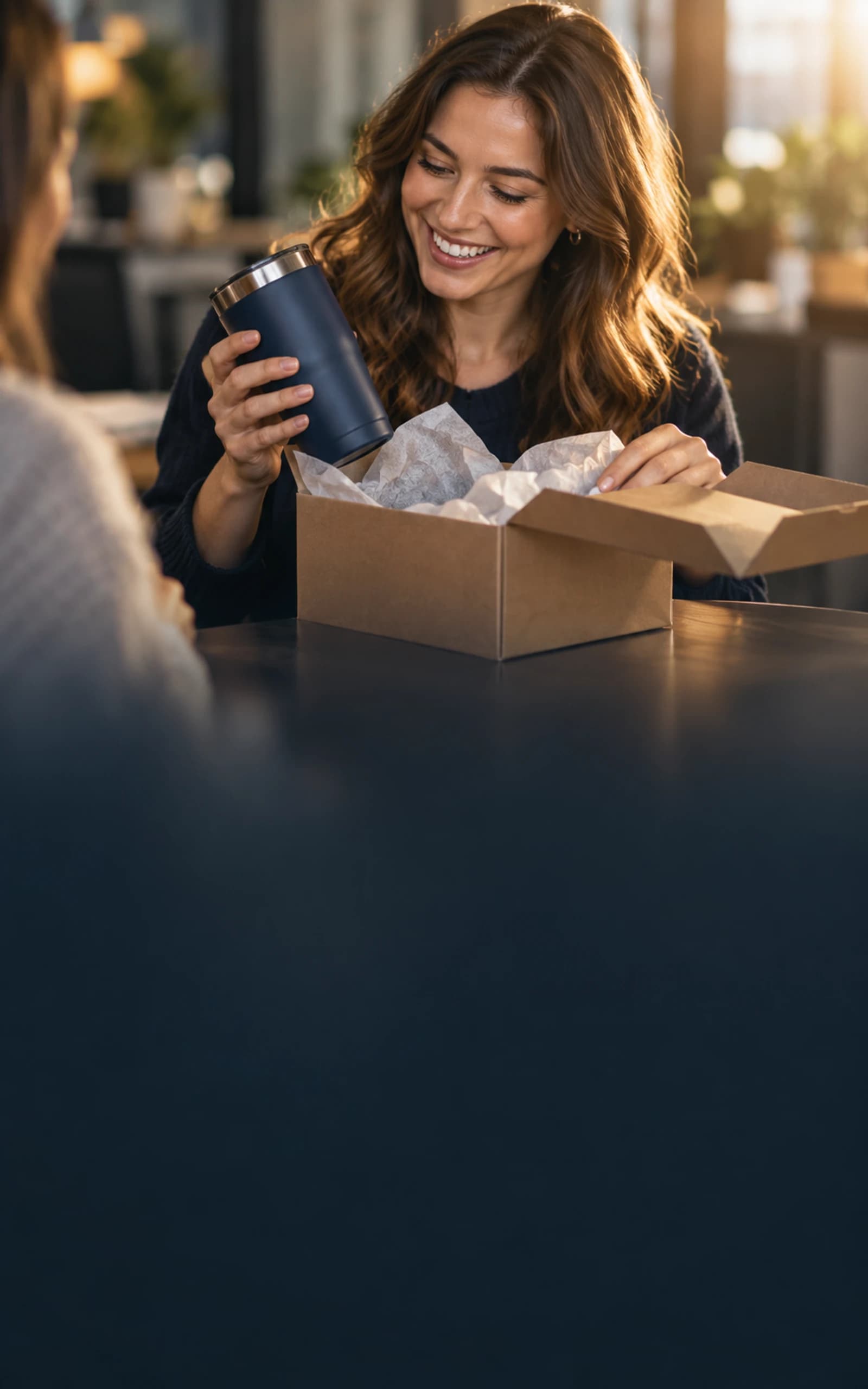 Cinematic lifestyle artwork of a smiling recipient lifting a navy tumbler from a thoughtful gift box