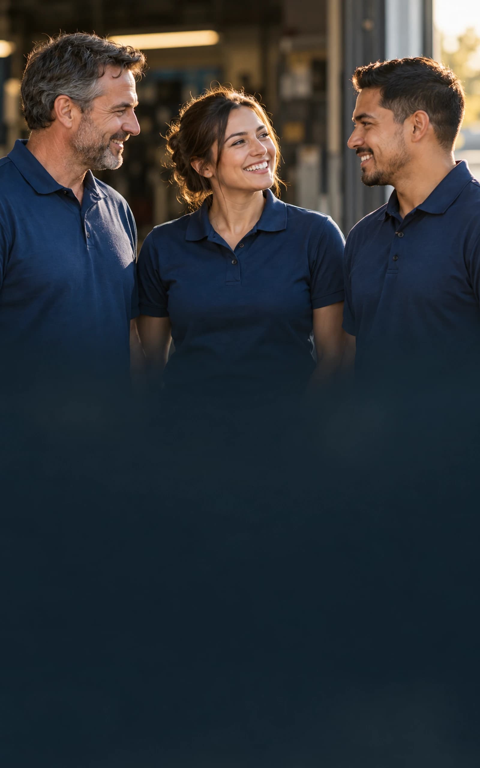 Cinematic lifestyle artwork of three coworkers sharing a friendly moment in coordinated navy work polos