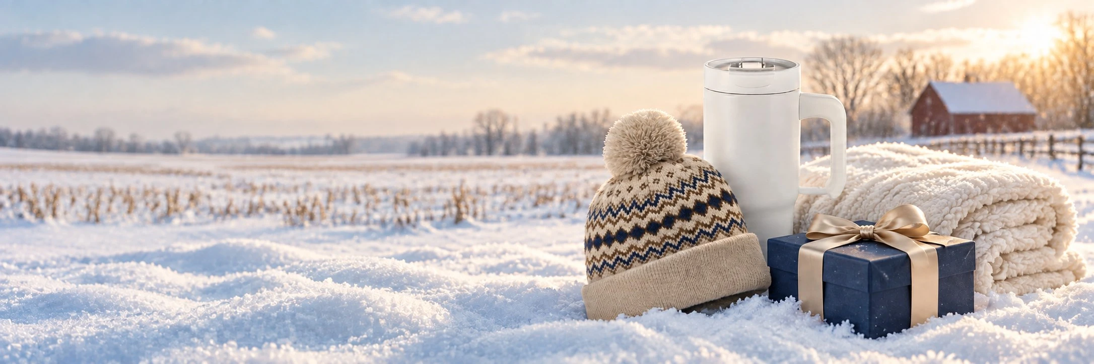 Cinematic artwork of a knit pom beanie, an insulated tumbler, a rolled sherpa blanket, and a navy gift box in the snow at the edge of a farm field, with a red barn in the distance