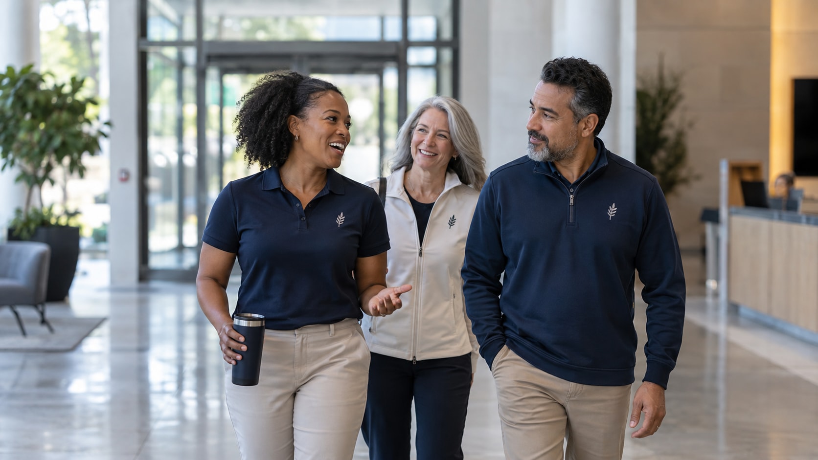 Cinematic artwork of three coworkers walking in together, one in a polo, one in a jacket, and one in a quarter-zip, each with the same small embroidered mark