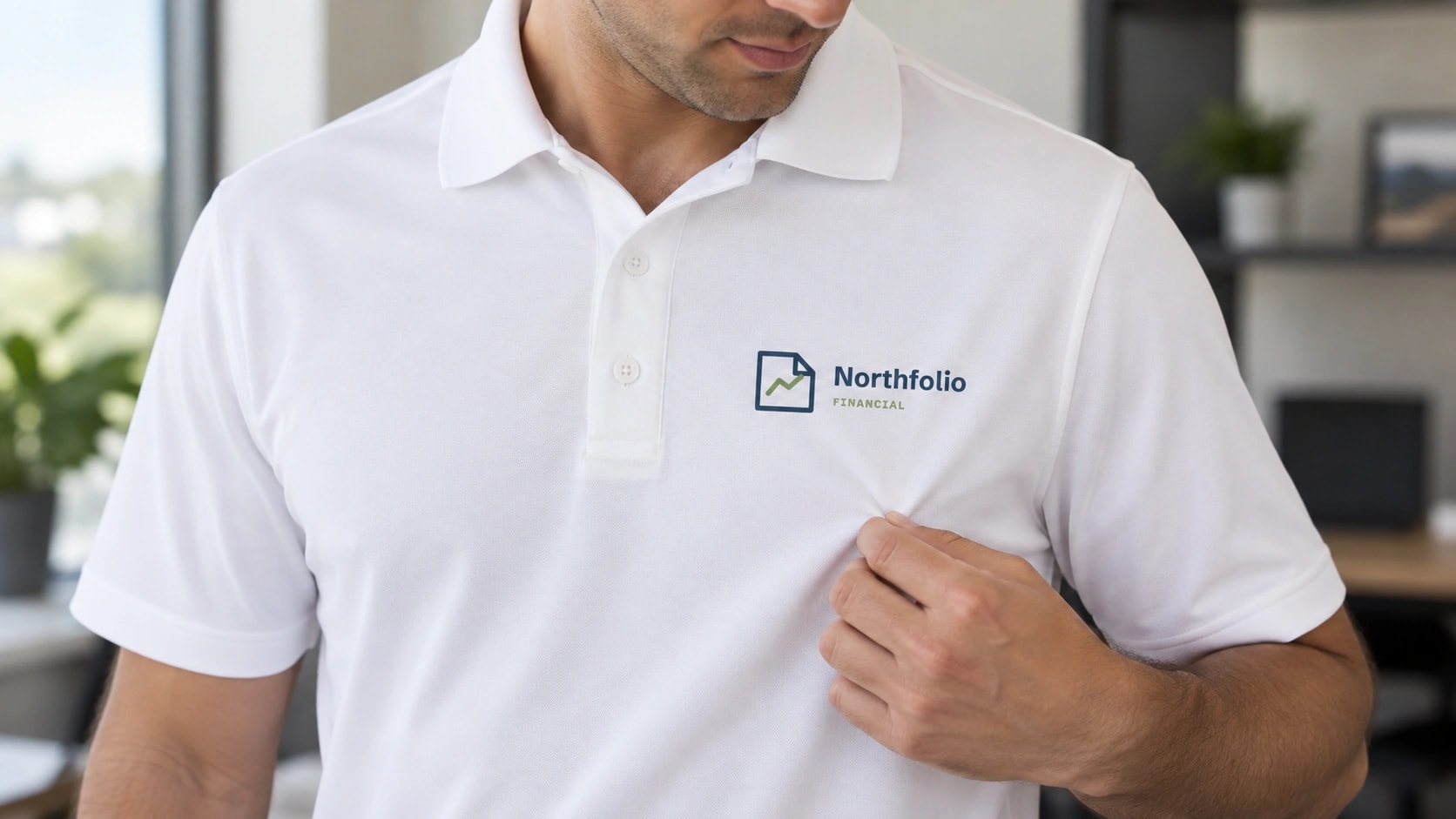 Illustrative close-up of a smooth full-color digital heat transfer with sample Northfolio Financial artwork on a white polo