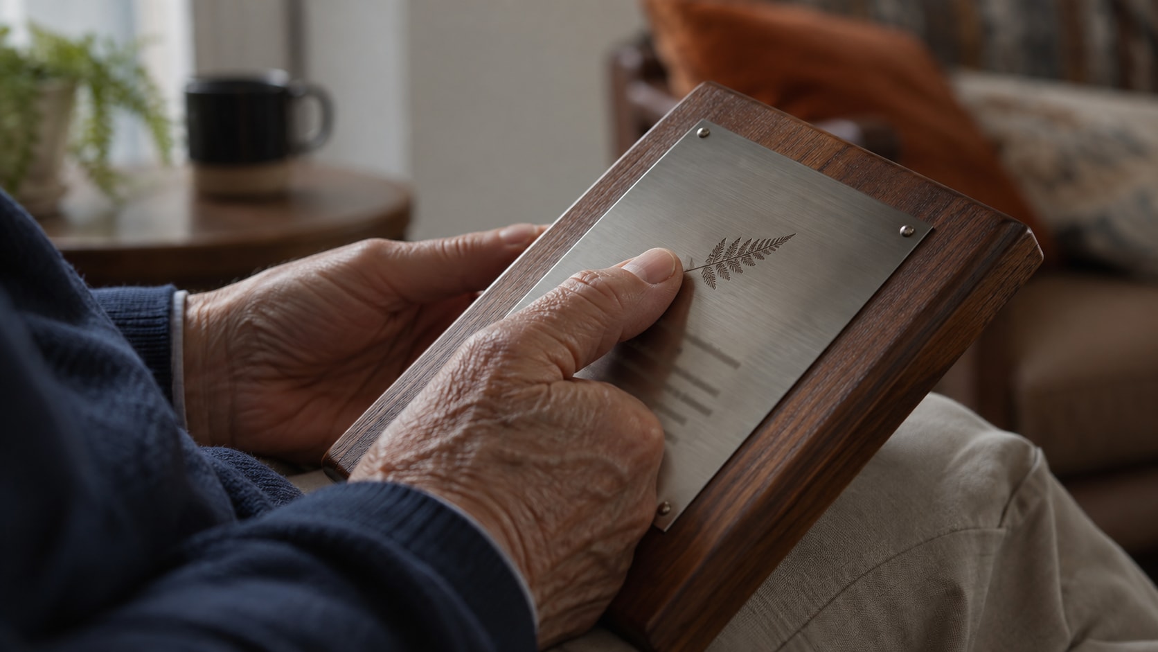 Cinematic artwork of a hand resting on the engraved plate of a recognition plaque
