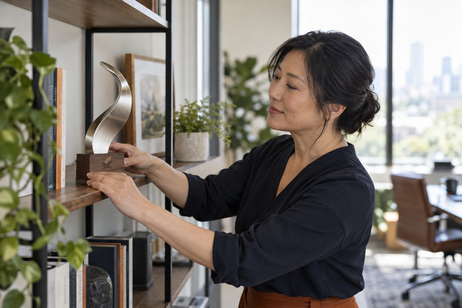 Cinematic artwork of a recipient setting a custom award on her office shelf