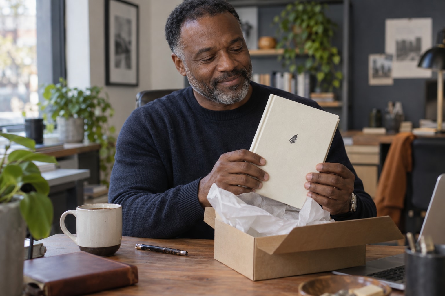 Cinematic artwork of a man opening a gift at his desk
