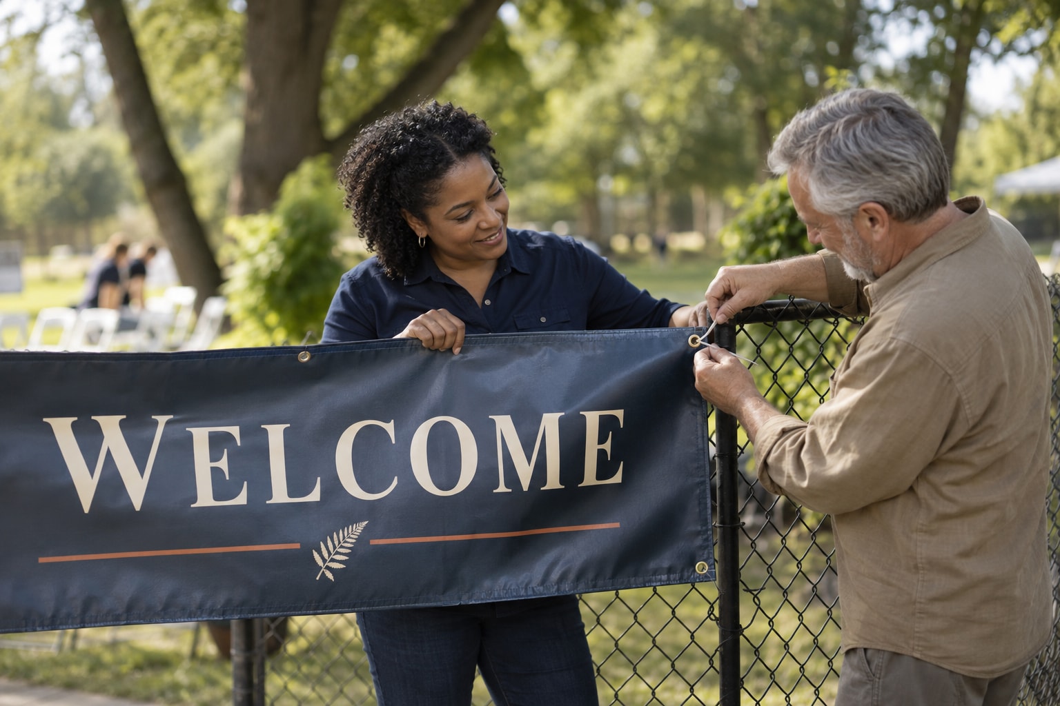Cinematic artwork of two people tying a navy Welcome banner to a park fence through its grommets