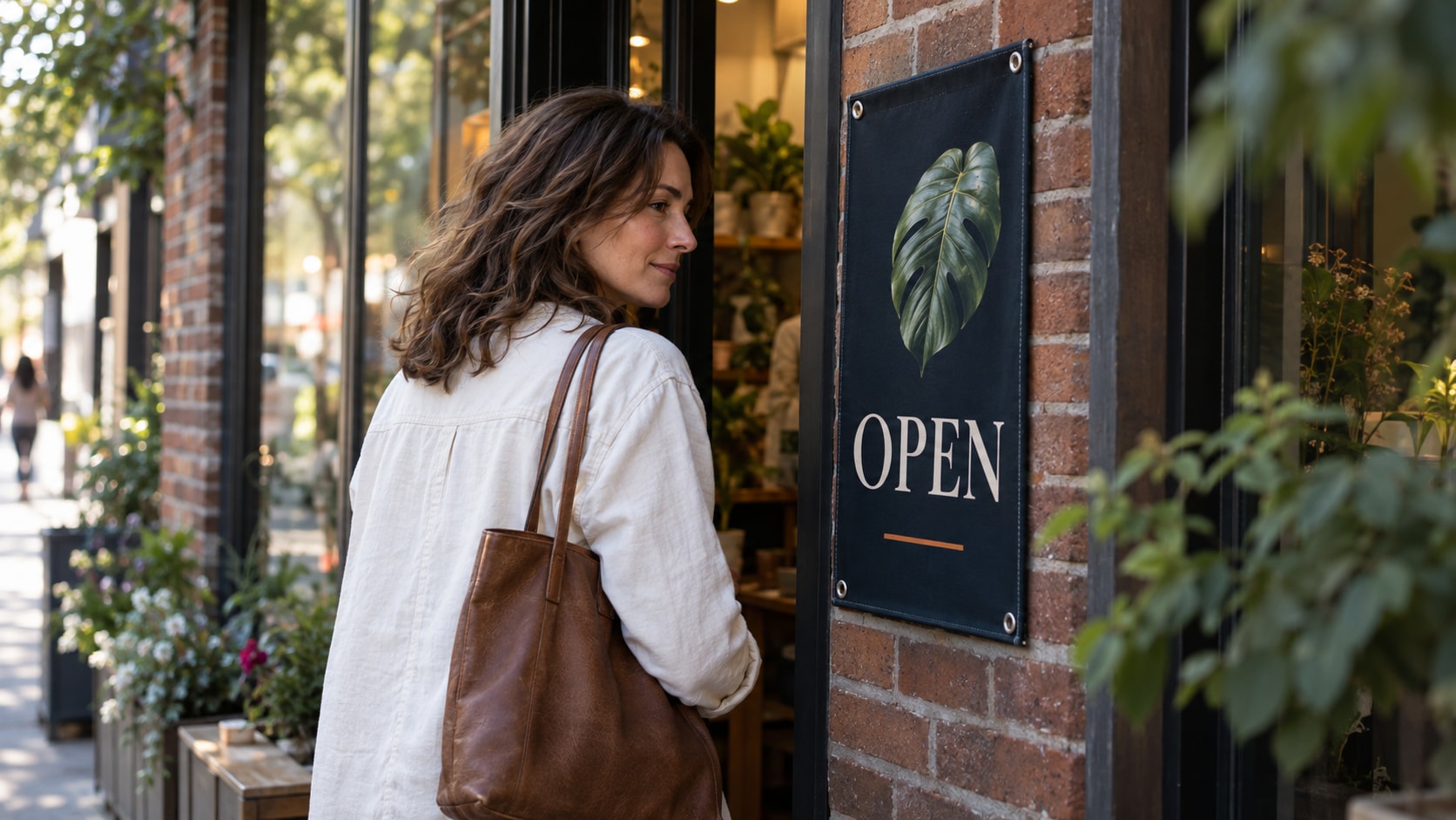 Cinematic artwork of a woman pausing at a shop doorway beside a navy vinyl banner that reads Open