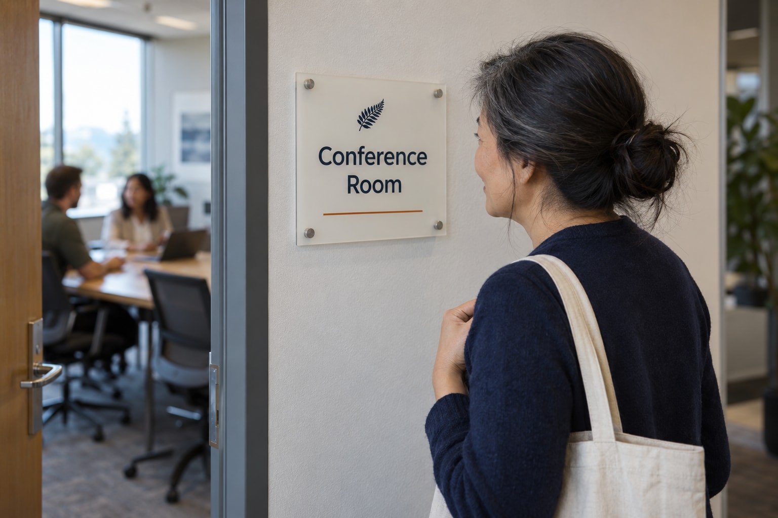 Cinematic artwork of a visitor reading an acrylic Conference Room sign on the wall beside an open meeting room