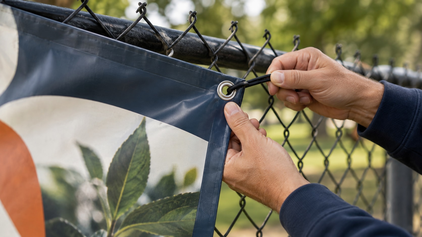 Cinematic artwork of hands tying a vinyl banner to a fence through a metal grommet, close enough to see the finished edge