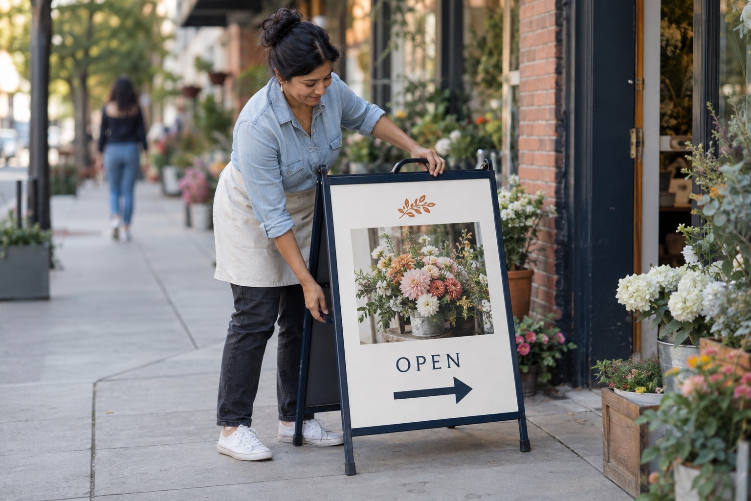 Cinematic artwork of a flower shop owner setting a printed sandwich board sign out on the sidewalk