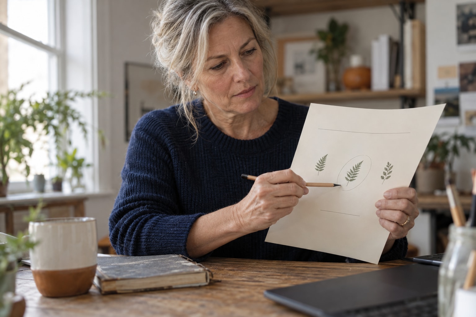 Cinematic artwork of a business owner marking her favorite of three logo options on a paper proof