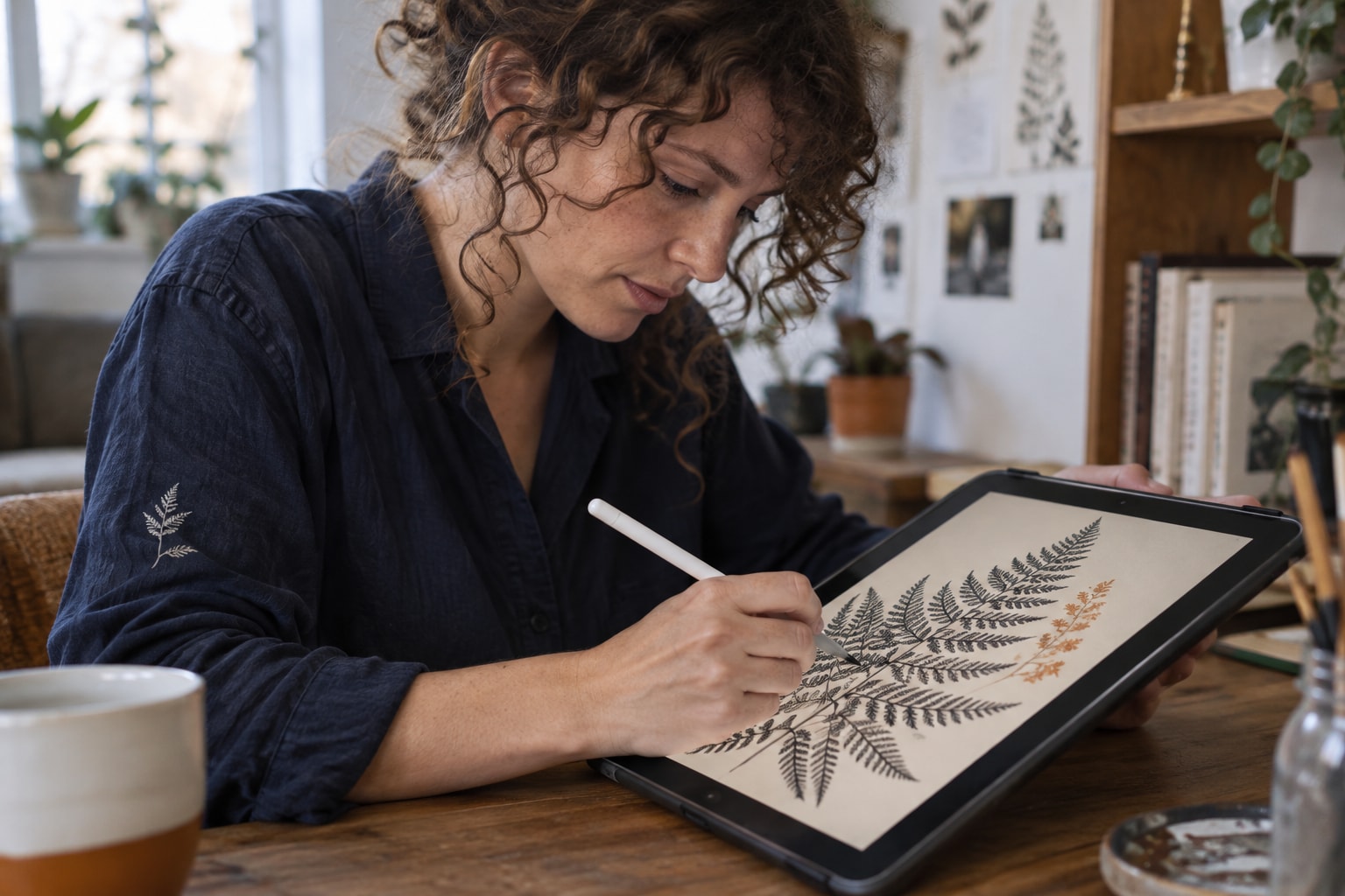 Cinematic artwork of an illustrator adding a detail to custom artwork on a tablet