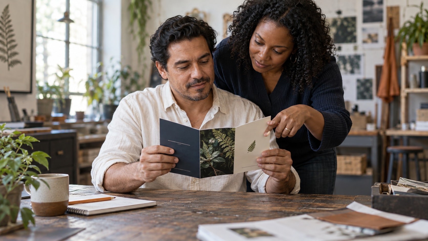 Cinematic artwork of a business owner and a colleague reviewing a printed brochure proof together