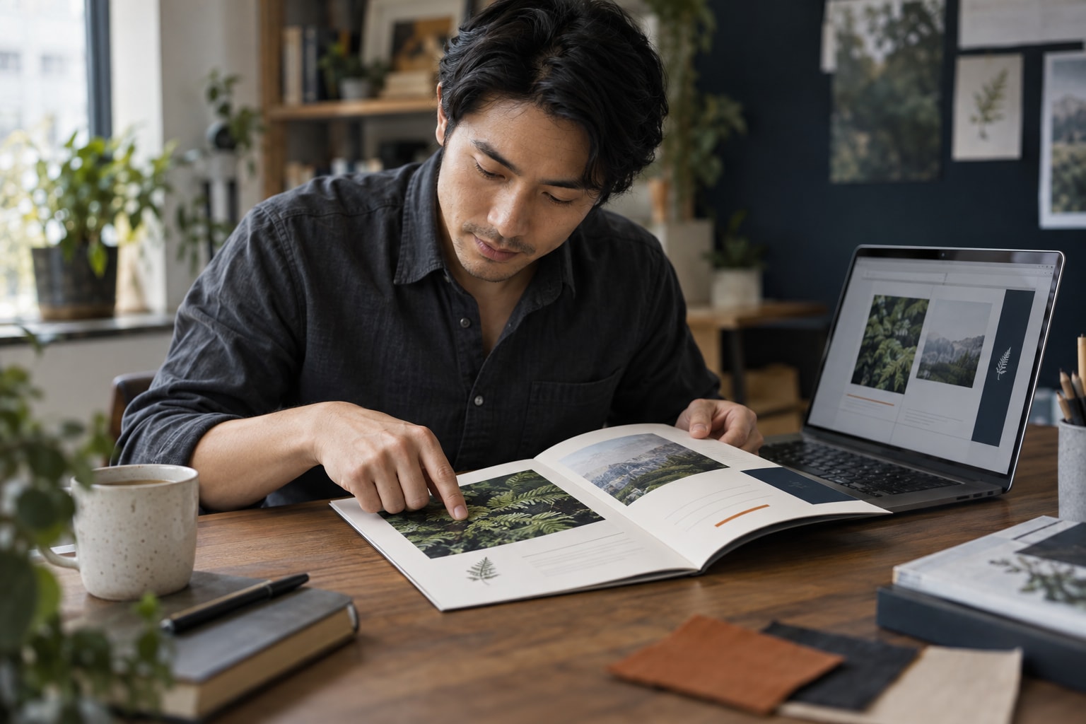 Cinematic artwork of a customer checking a printed booklet proof against the layout on his laptop